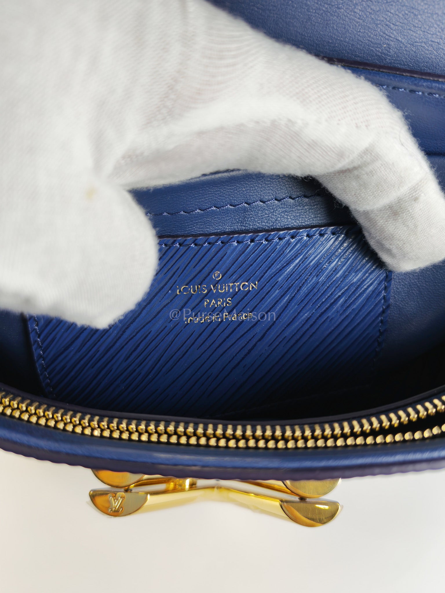 Twist Lock MM in Indigo Epi Leather and Gold Hardware (Microchip) | Purse Maison Luxury Bags Shop