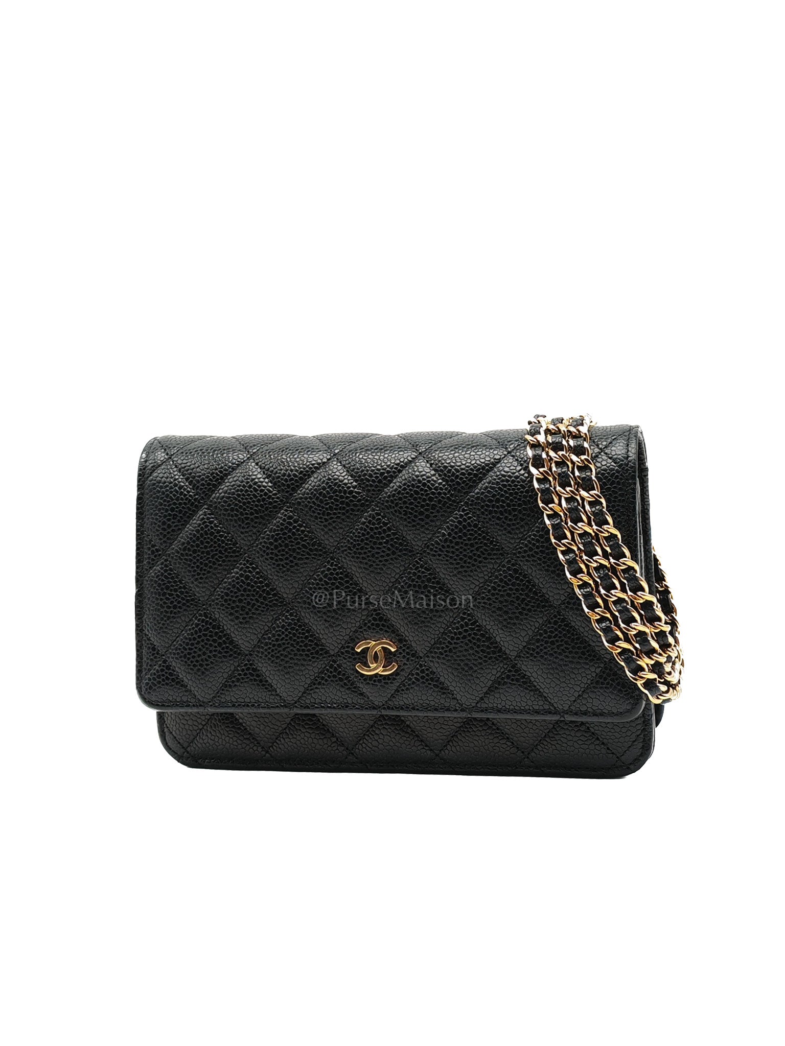 Wallet On Chain (WOC) in Black Quilted Caviar Leather and Gold Hardware Microchip