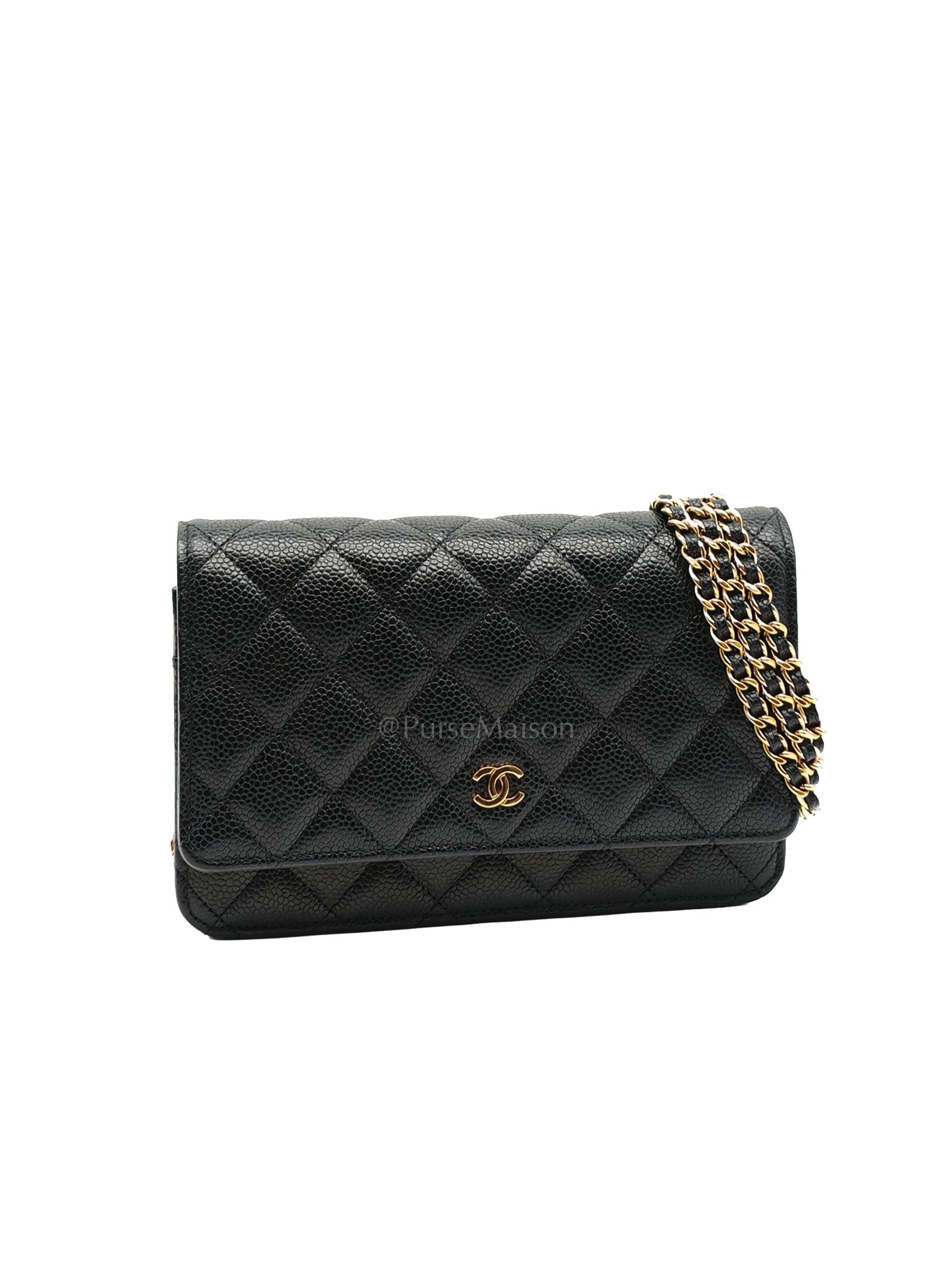 Wallet On Chain (WOC) in Black Quilted Caviar Leather and Gold Hardware Microchip