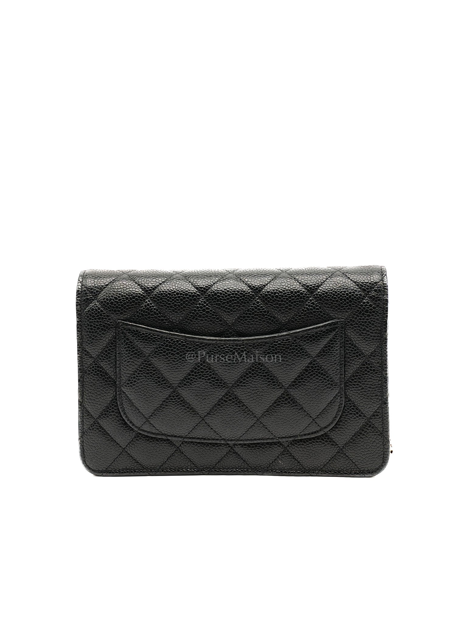 Wallet On Chain (WOC) in Black Quilted Caviar Leather and Gold Hardware Microchip
