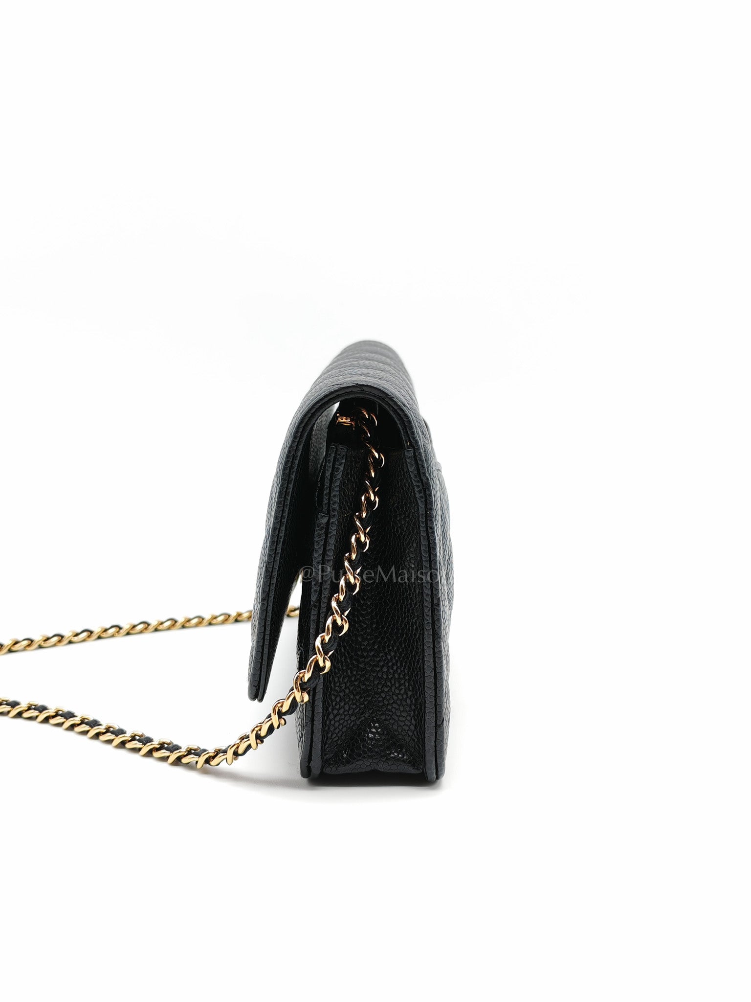 Wallet On Chain (WOC) in Black Quilted Caviar Leather and Gold Hardware Microchip