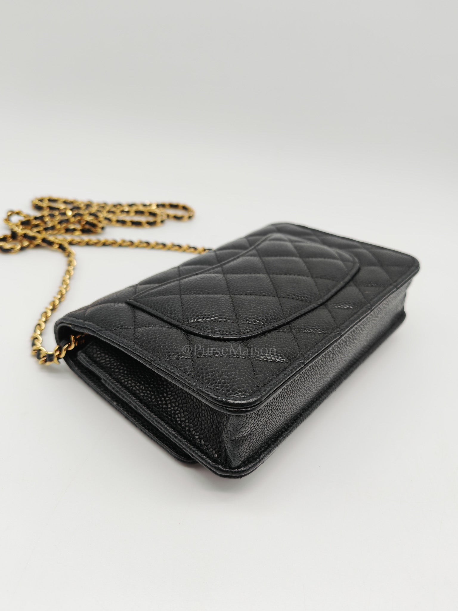 Wallet On Chain (WOC) in Black Quilted Caviar Leather and Gold Hardware Microchip