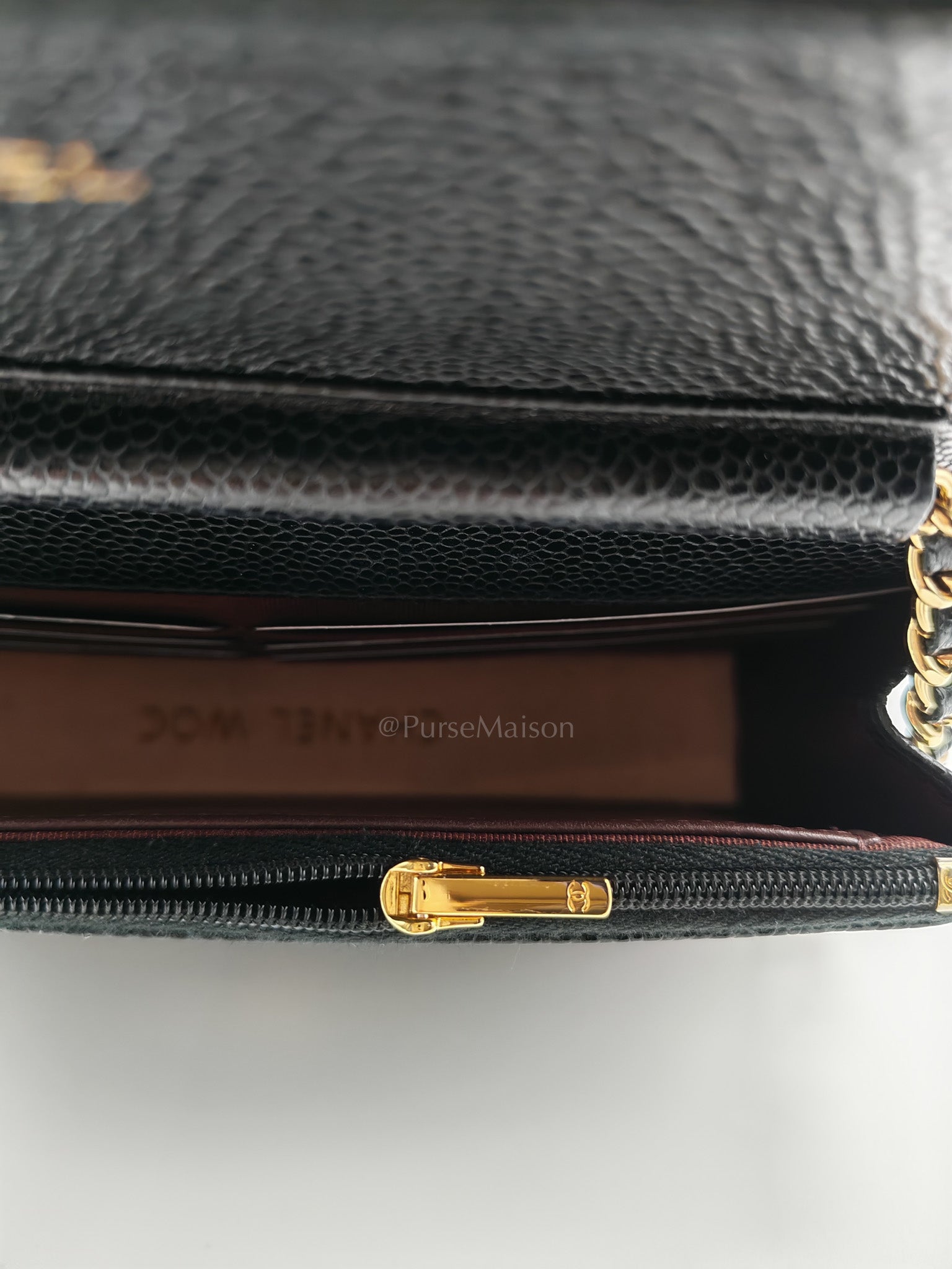 Wallet On Chain (WOC) in Black Quilted Caviar Leather and Gold Hardware Microchip