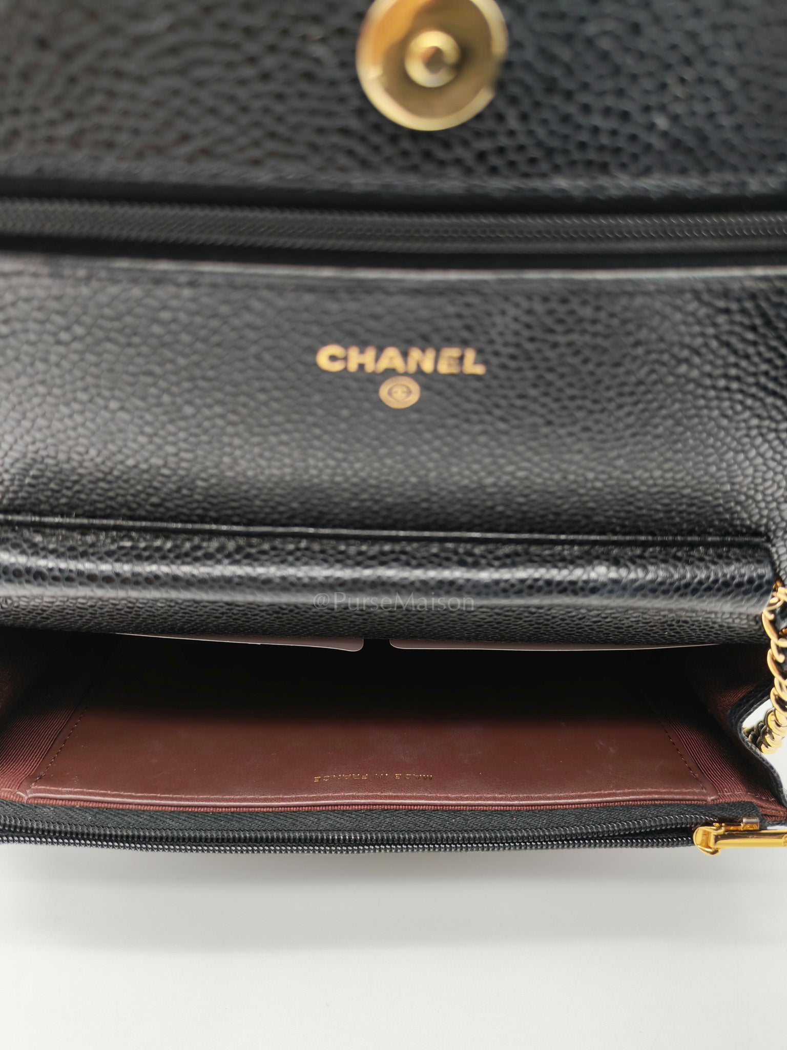 Wallet On Chain (WOC) in Black Quilted Caviar Leather and Gold Hardware Microchip