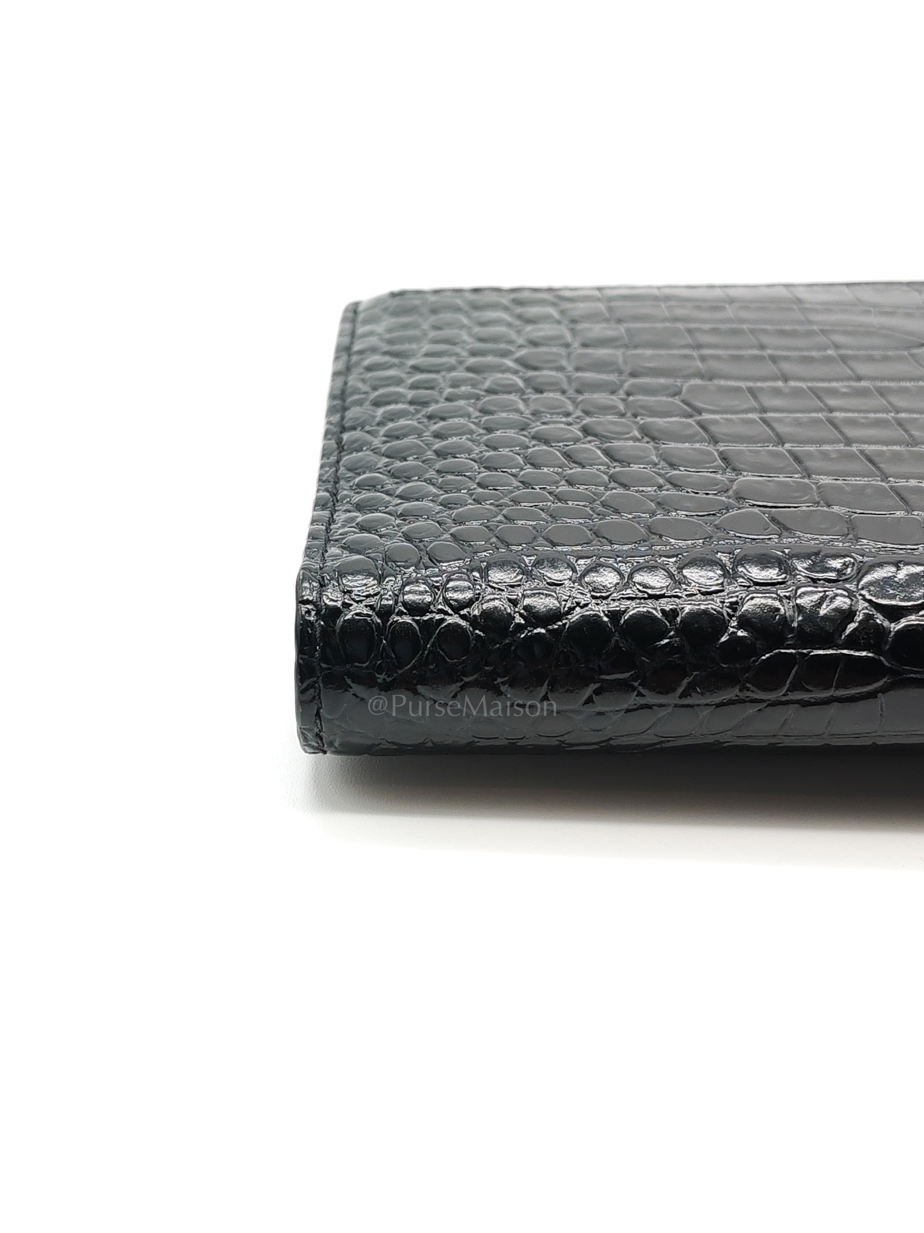 Uptown Clutch in Black Croc-embossed Calfskin Leather & Silver Hardware | Purse Maison Luxury Bags Shop