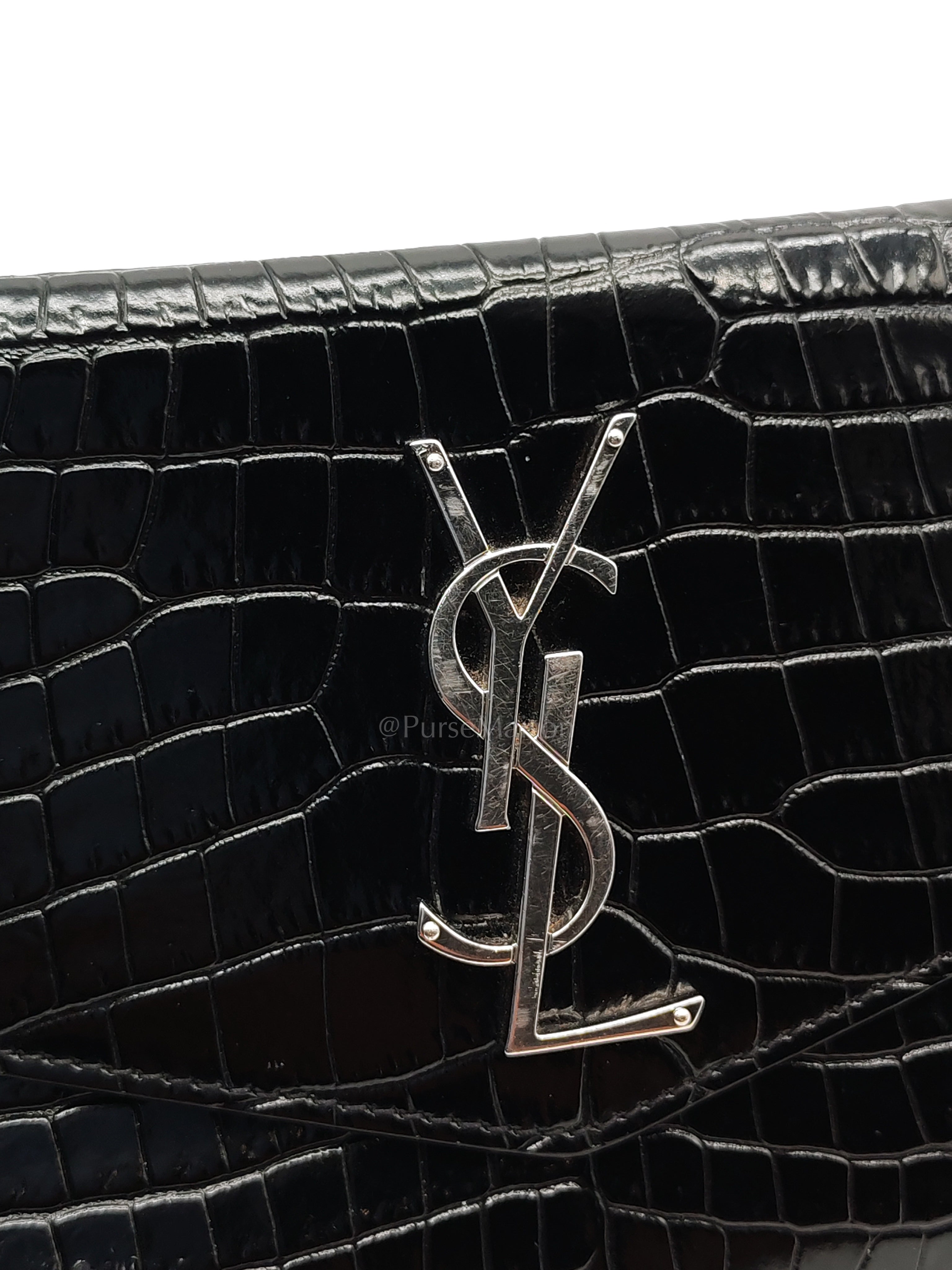 Uptown Clutch in Black Croc-embossed Calfskin Leather & Silver Hardware | Purse Maison Luxury Bags Shop