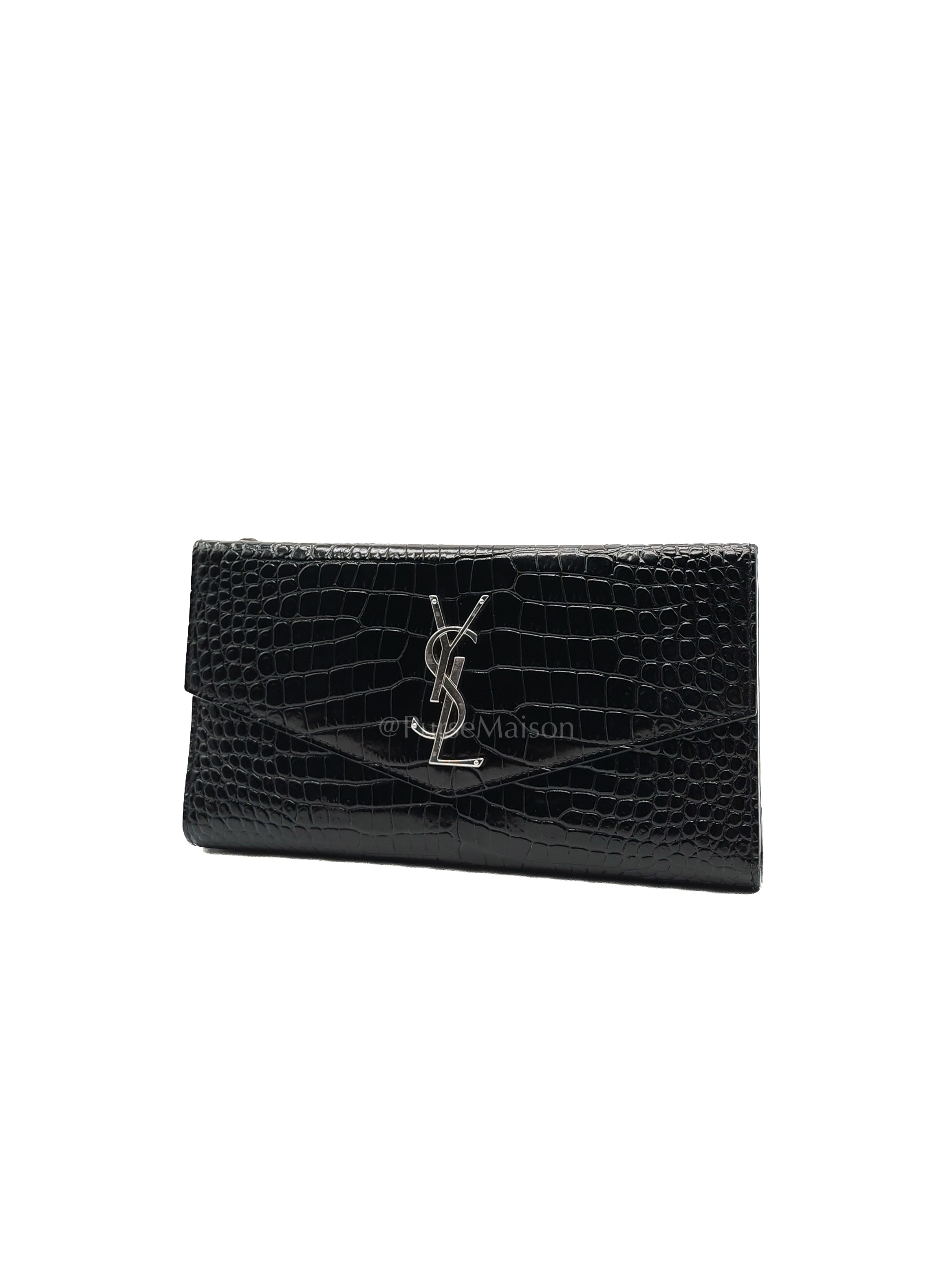 Uptown Clutch in Black Croc-embossed Calfskin Leather & Silver Hardware | Purse Maison Luxury Bags Shop