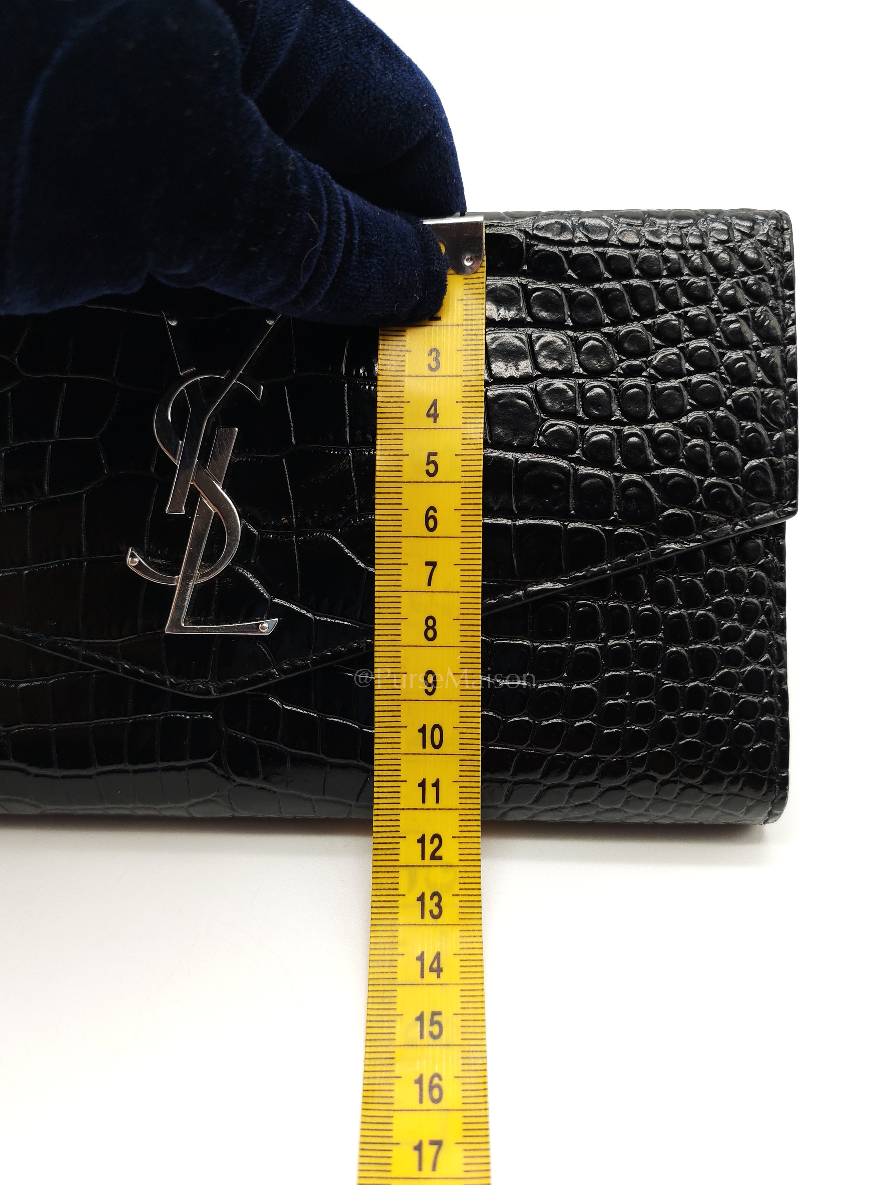 Uptown Clutch in Black Croc-embossed Calfskin Leather & Silver Hardware | Purse Maison Luxury Bags Shop