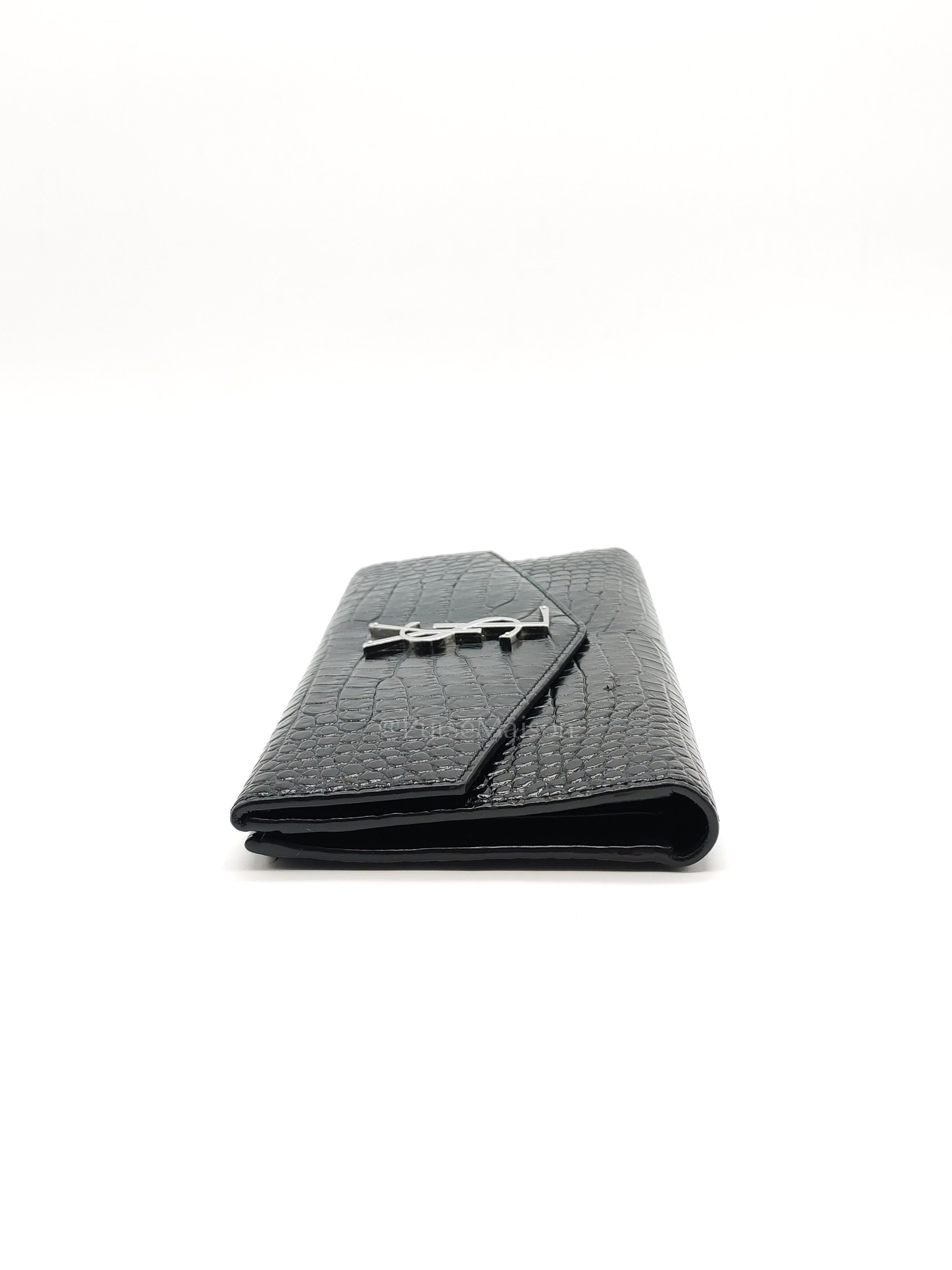 Uptown Clutch in Black Croc-embossed Calfskin Leather & Silver Hardware | Purse Maison Luxury Bags Shop