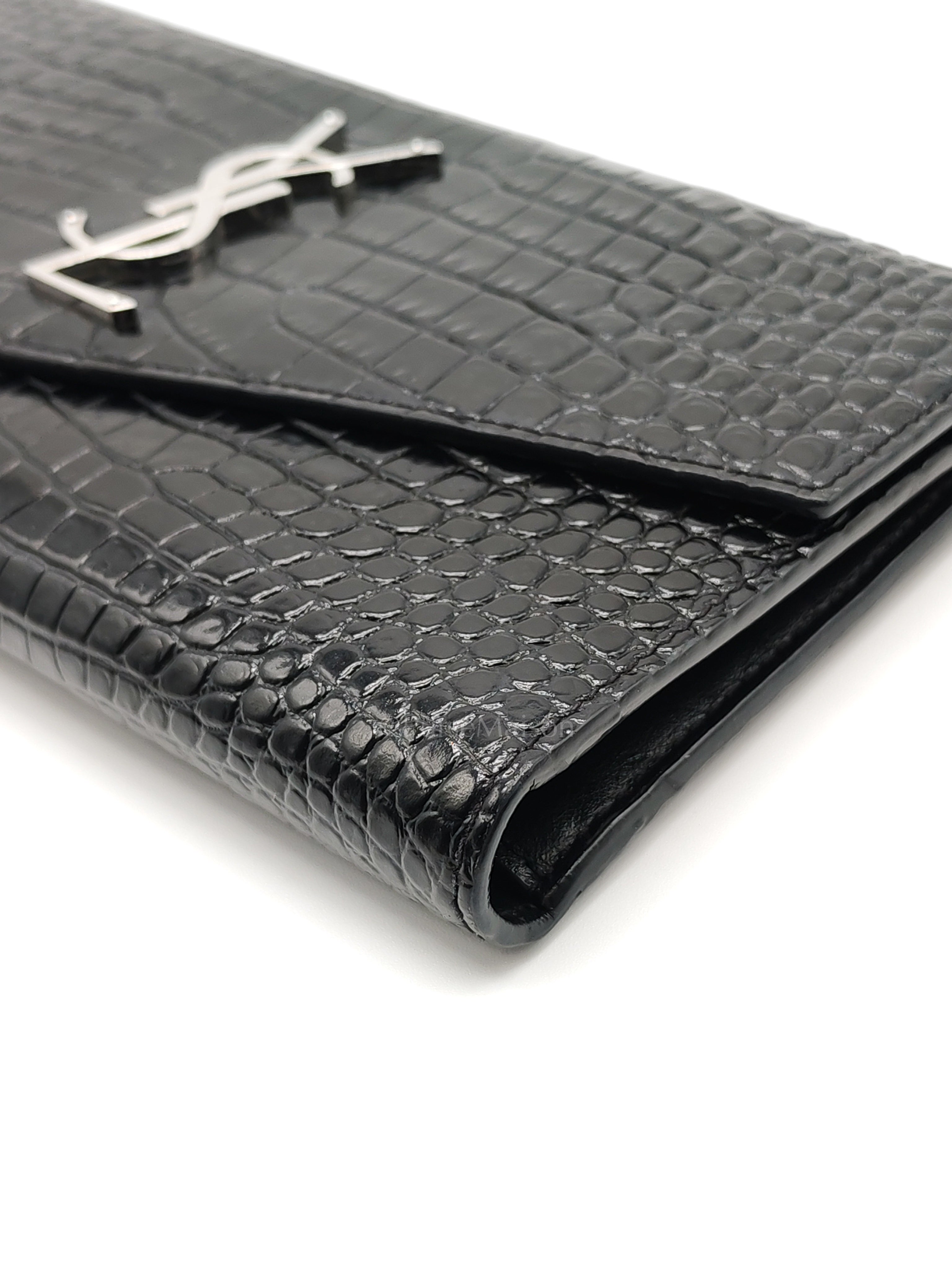 Uptown Clutch in Black Croc-embossed Calfskin Leather & Silver Hardware | Purse Maison Luxury Bags Shop