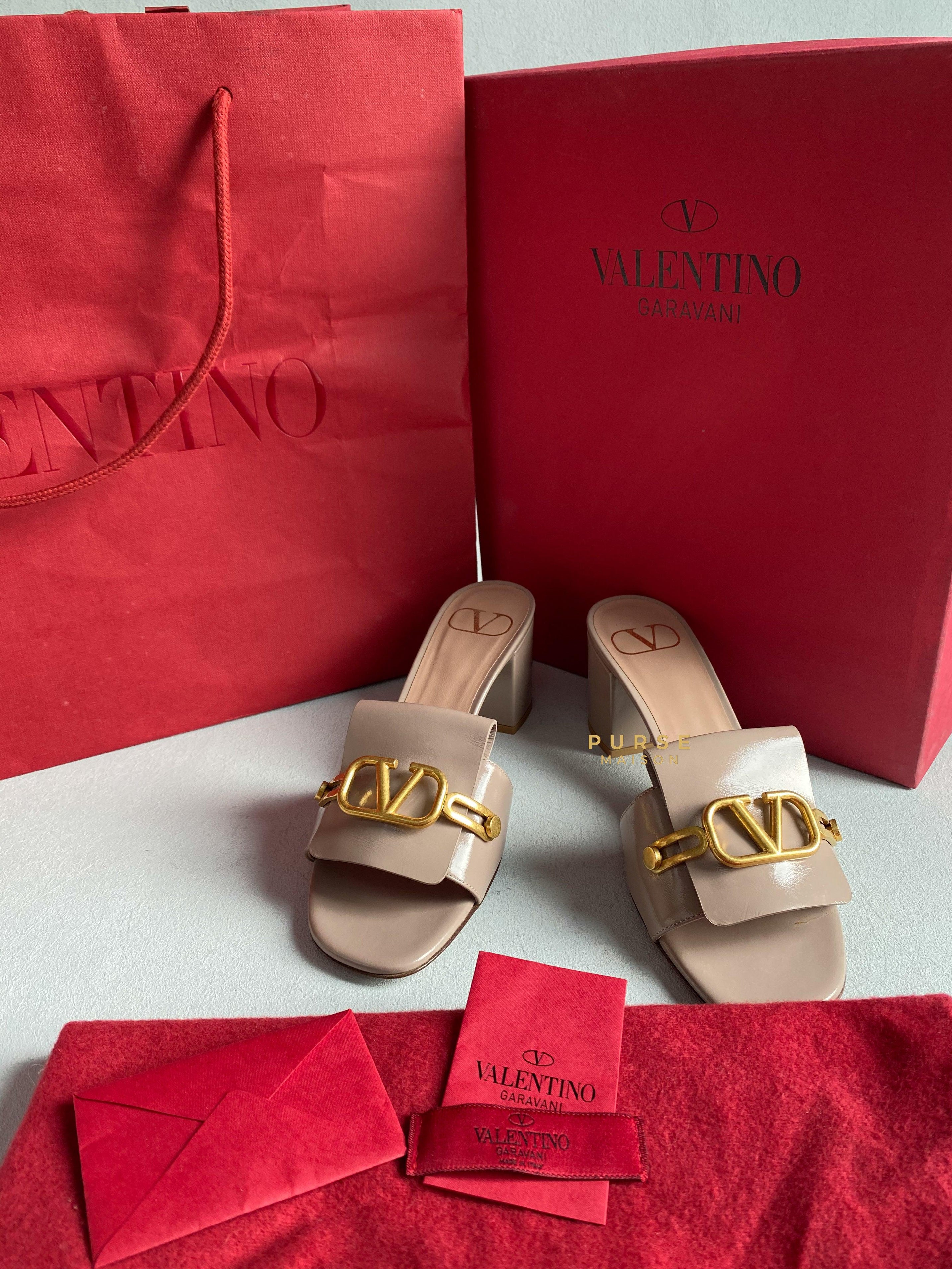 Valentino Garavani Beige Leather VLogo Open Toe Heeled Sandals Size 36.5 EU | Purse Maison Luxury Bags Shop