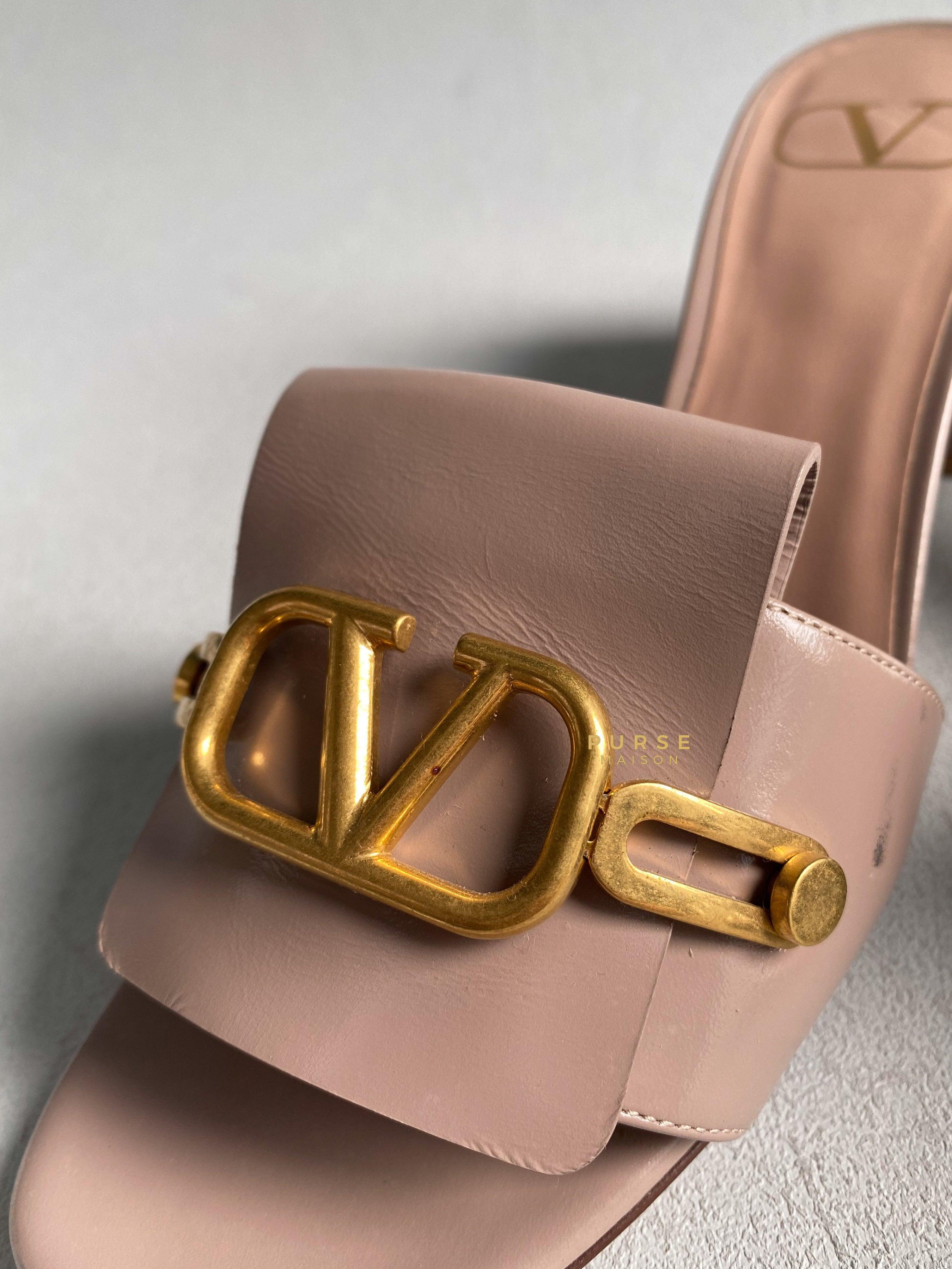 Valentino Garavani Beige Leather VLogo Open Toe Heeled Sandals Size 36.5 EU | Purse Maison Luxury Bags Shop