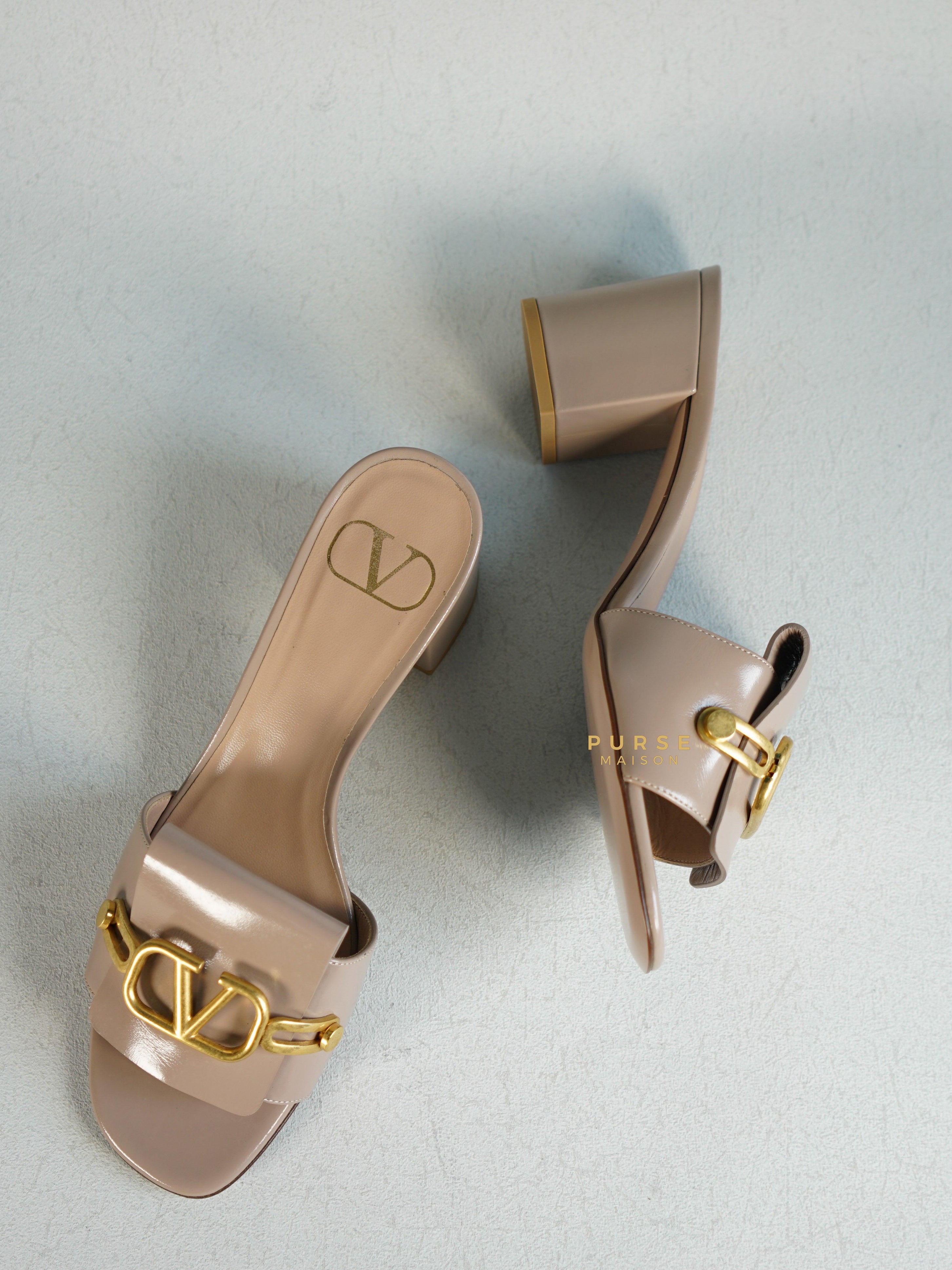 Valentino Garavani Beige Leather VLogo Open Toe Heeled Sandals Size 36.5 EU | Purse Maison Luxury Bags Shop