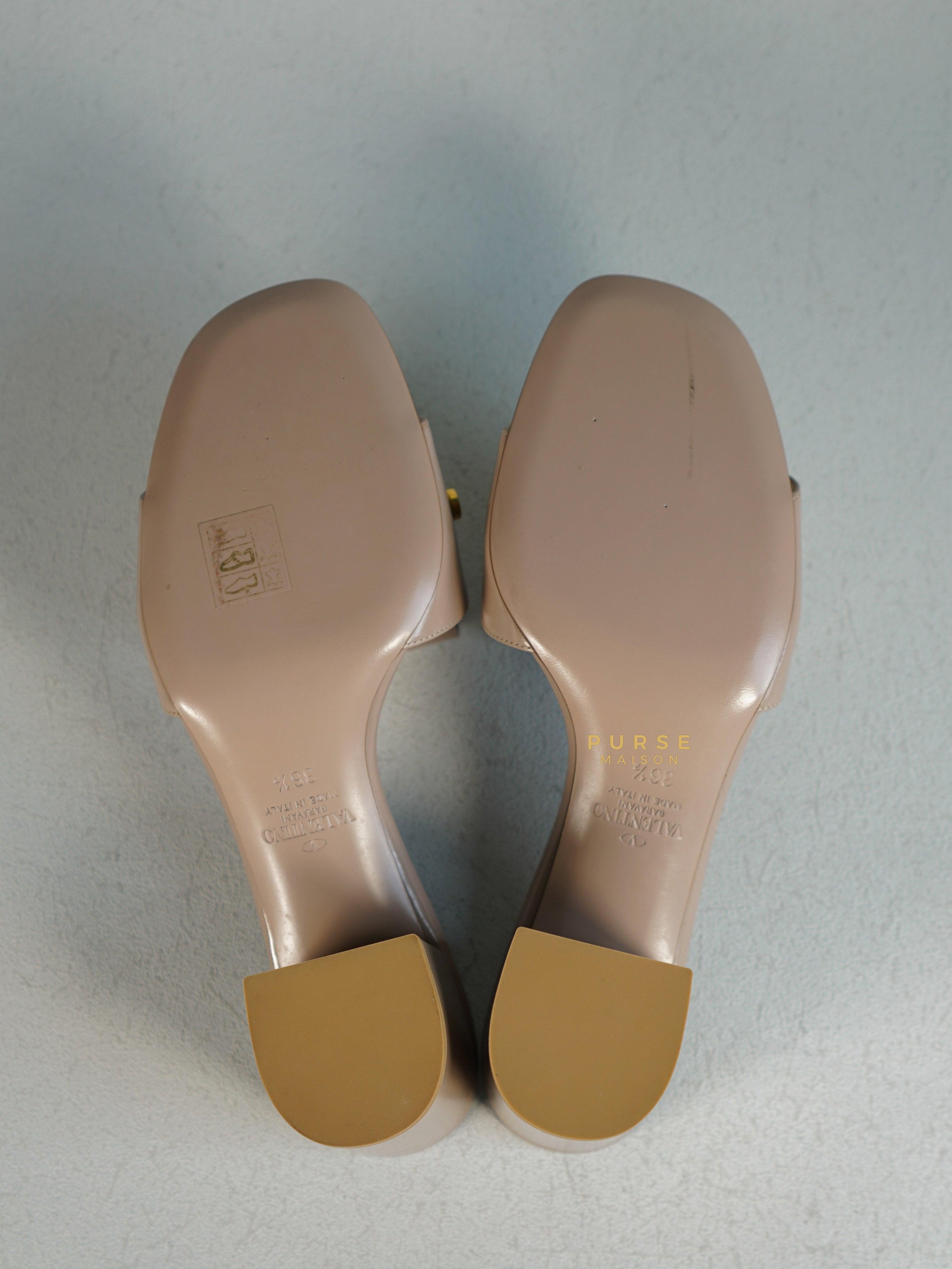 Valentino Garavani Beige Leather VLogo Open Toe Heeled Sandals Size 36.5 EU | Purse Maison Luxury Bags Shop