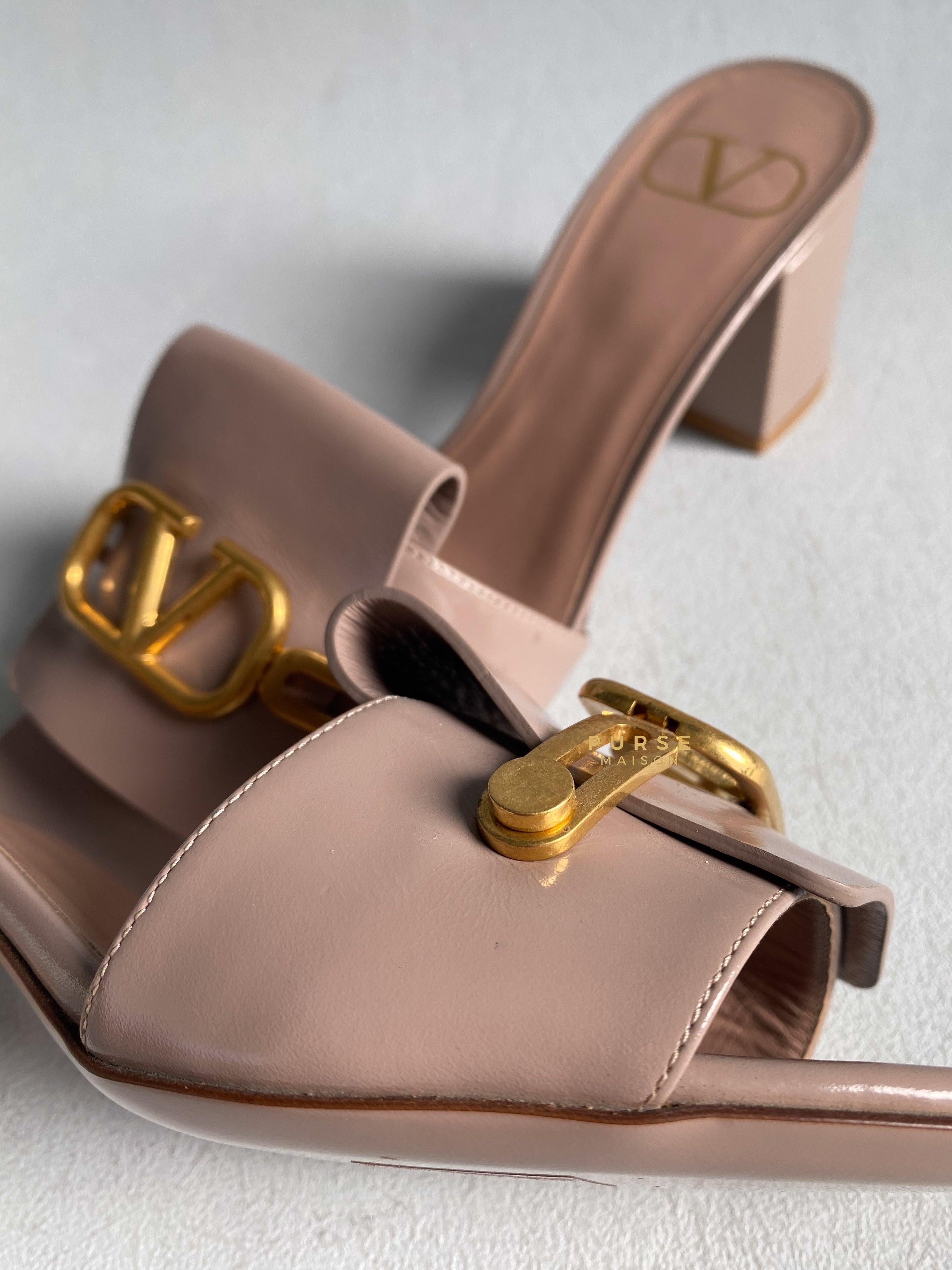 Valentino Garavani Beige Leather VLogo Open Toe Heeled Sandals Size 36.5 EU | Purse Maison Luxury Bags Shop