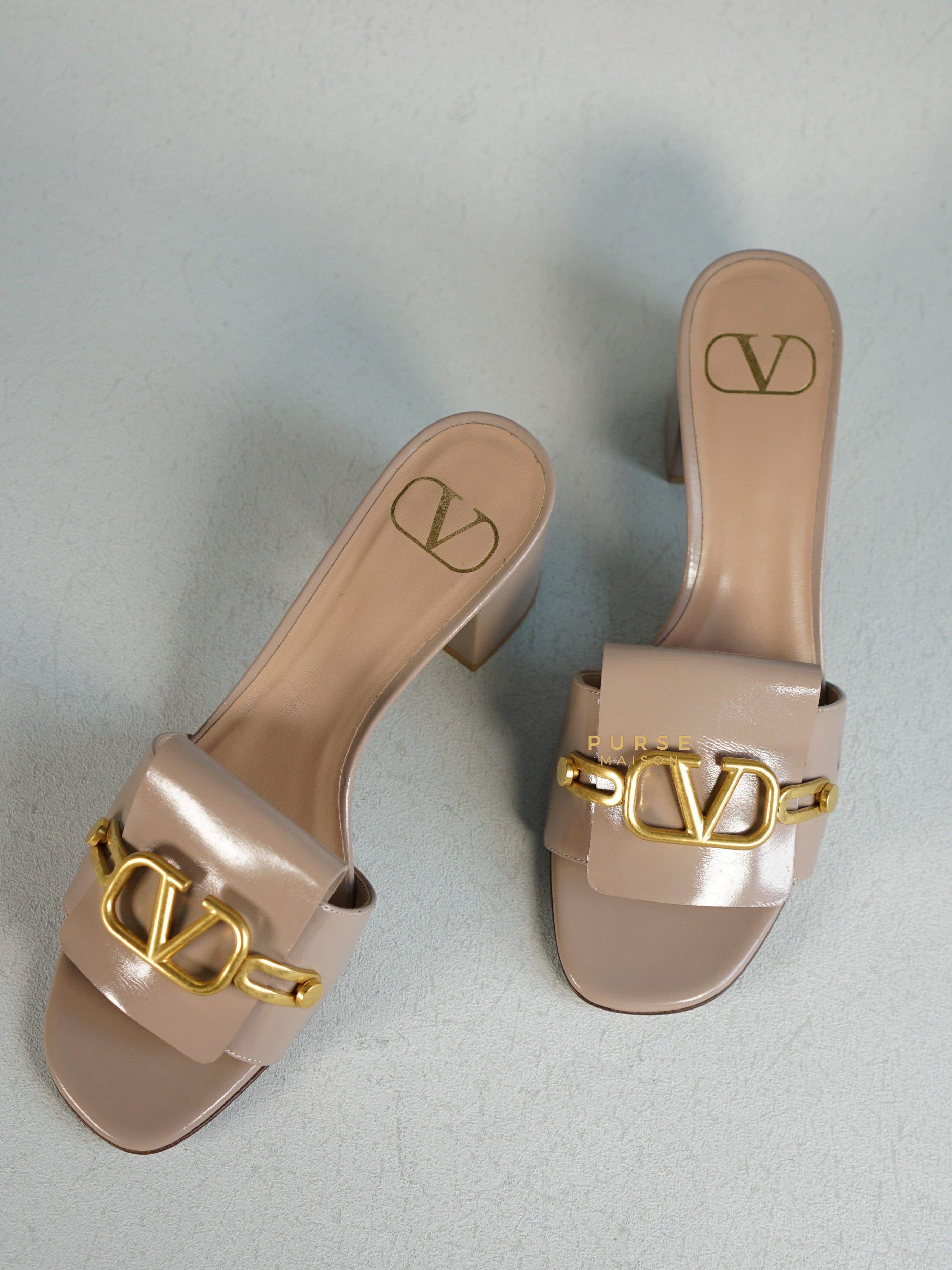 Valentino Garavani Beige Leather VLogo Open Toe Heeled Sandals Size 36.5 EU | Purse Maison Luxury Bags Shop