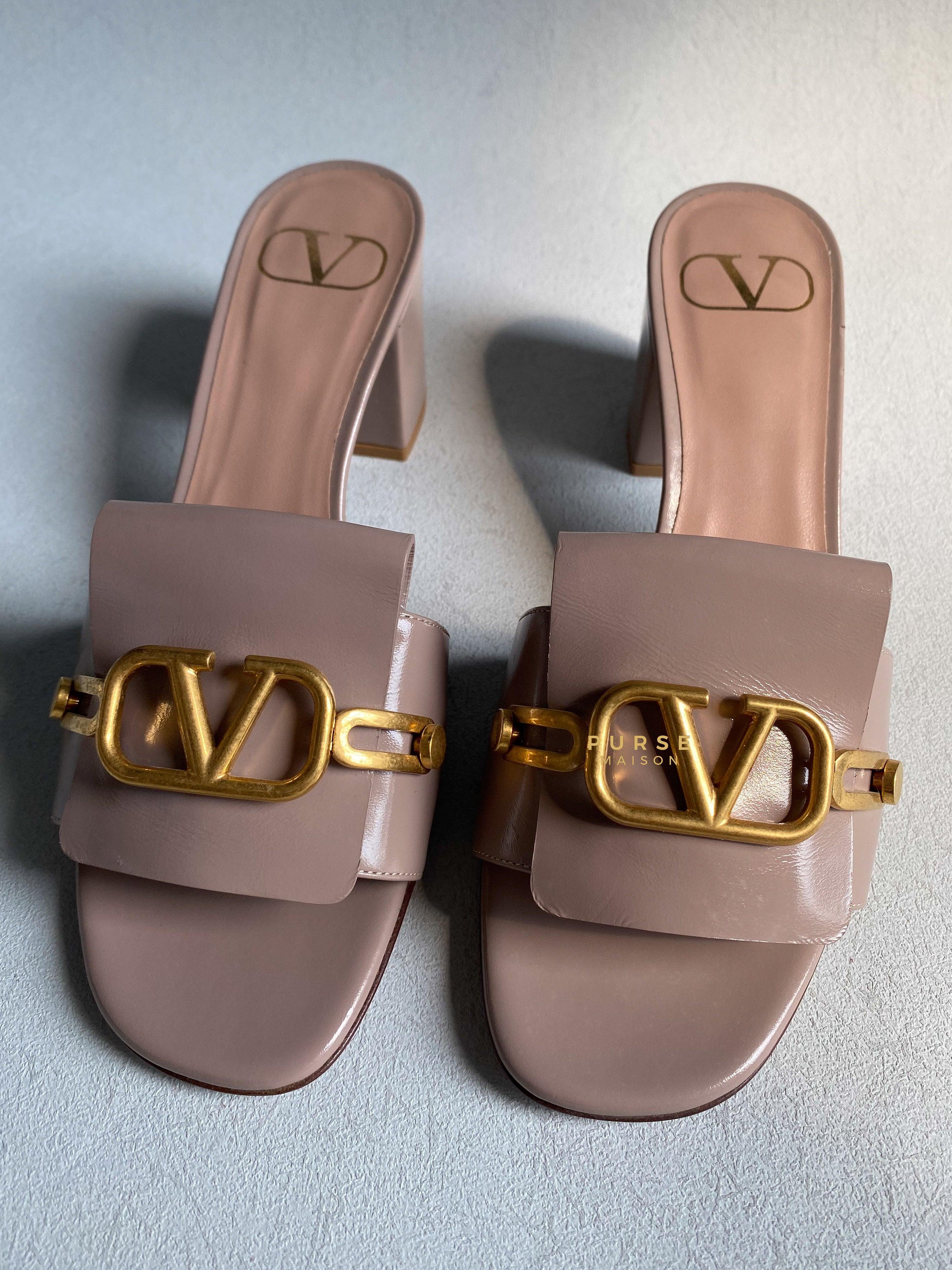 Valentino Garavani Beige Leather VLogo Open Toe Heeled Sandals Size 36.5 EU | Purse Maison Luxury Bags Shop