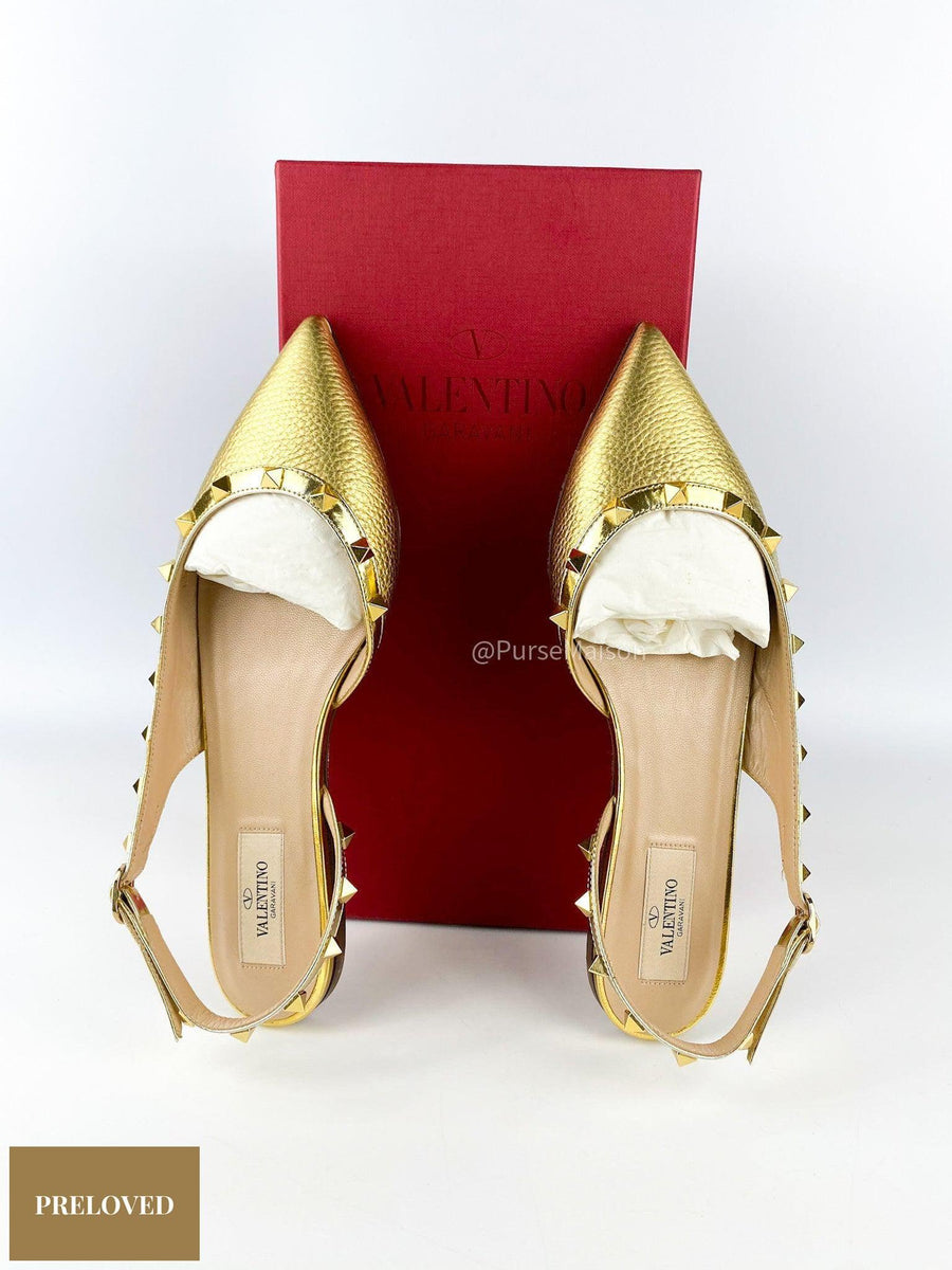 Valentino Garavani Rockstud Gold Slingback Ballerina (Size 38 EUR