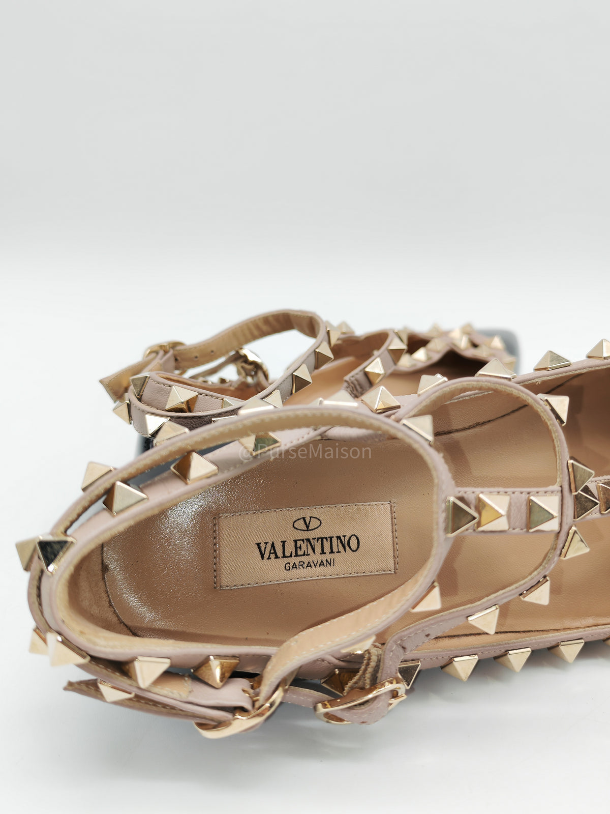 Valentino Gravani Rockstud Cage Flats in Black/Poudre Patent Leather Size 36.5 Eu (27.5 cm) | Purse Maison Luxury Bags Shop