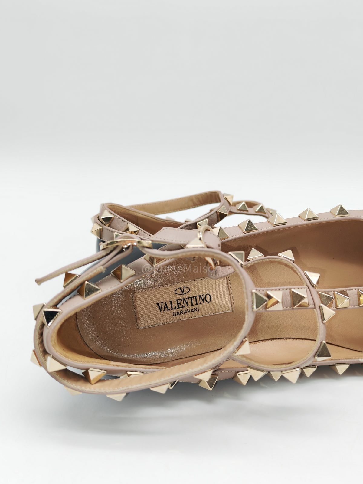 Valentino Gravani Rockstud Cage Flats in Black/Poudre Patent Leather Size 36.5 Eu (27.5 cm) | Purse Maison Luxury Bags Shop