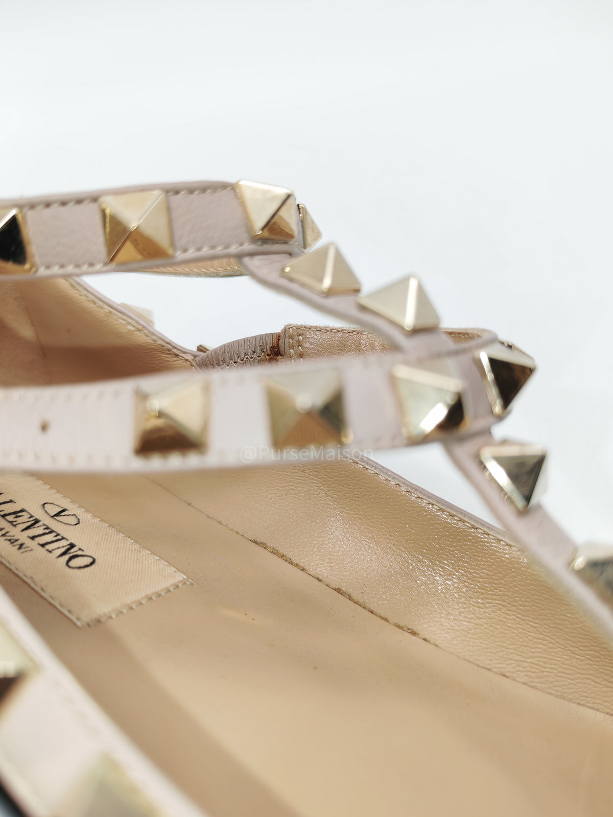 Valentino Gravani Rockstud Cage Flats in Black/Poudre Patent Leather Size 36.5 Eu (27.5 cm) | Purse Maison Luxury Bags Shop