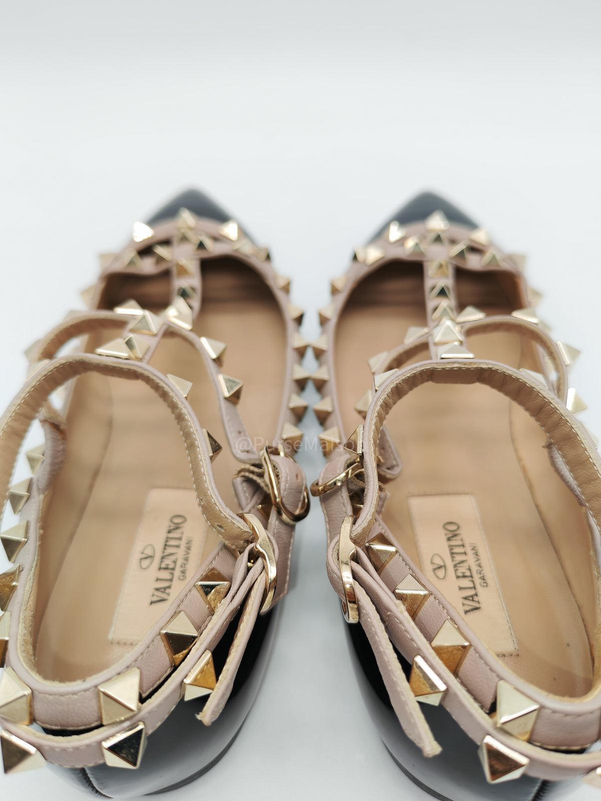 Valentino Gravani Rockstud Cage Flats in Black/Poudre Patent Leather Size 36.5 Eu (27.5 cm) | Purse Maison Luxury Bags Shop