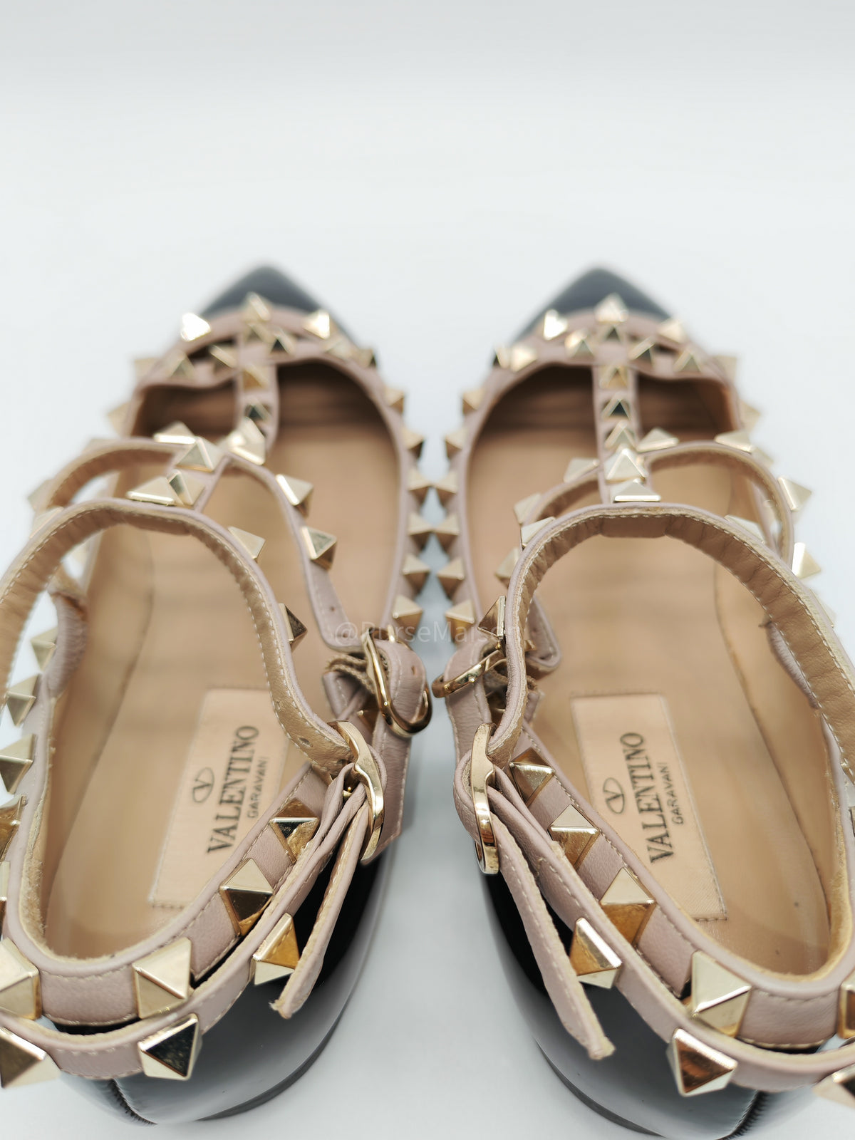 Valentino Gravani Rockstud Cage Flats in Black/Poudre Patent Leather Size 36.5 Eu (27.5 cm) | Purse Maison Luxury Bags Shop