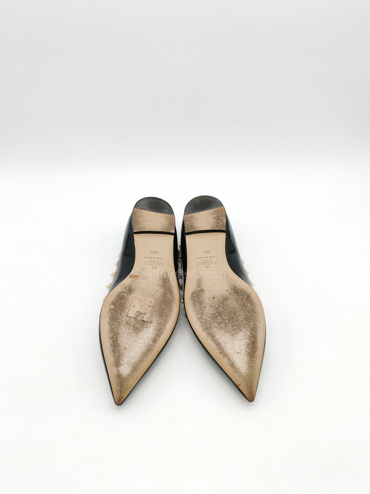 Valentino Gravani Rockstud Cage Flats in Black/Poudre Patent Leather Size 36.5 Eu (27.5 cm) | Purse Maison Luxury Bags Shop