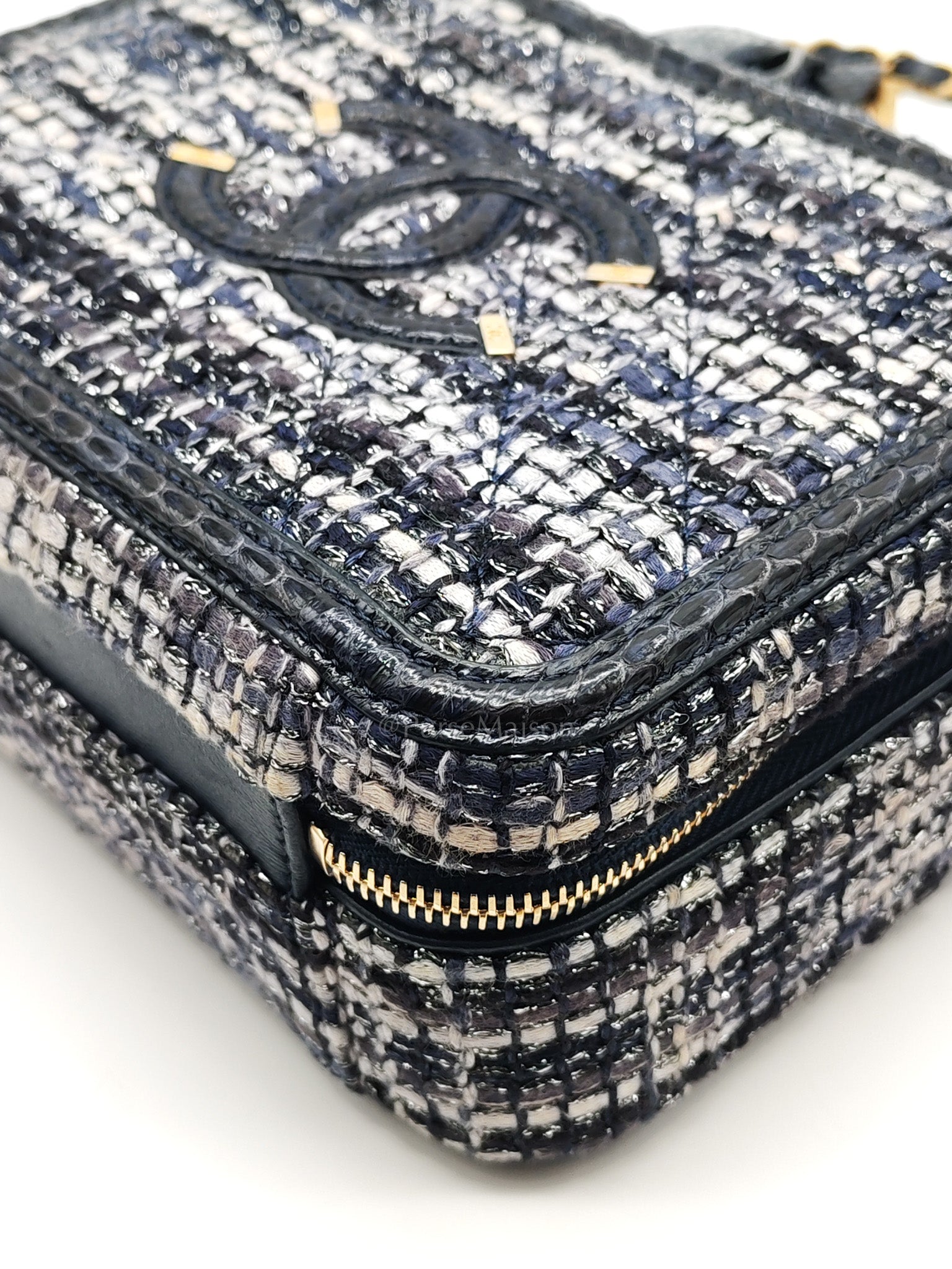 Vanity Case Filigree Medium in Navy Tweed Python Aged Gold Hardware (Series 25) | Purse Maison Luxury Bags Shop