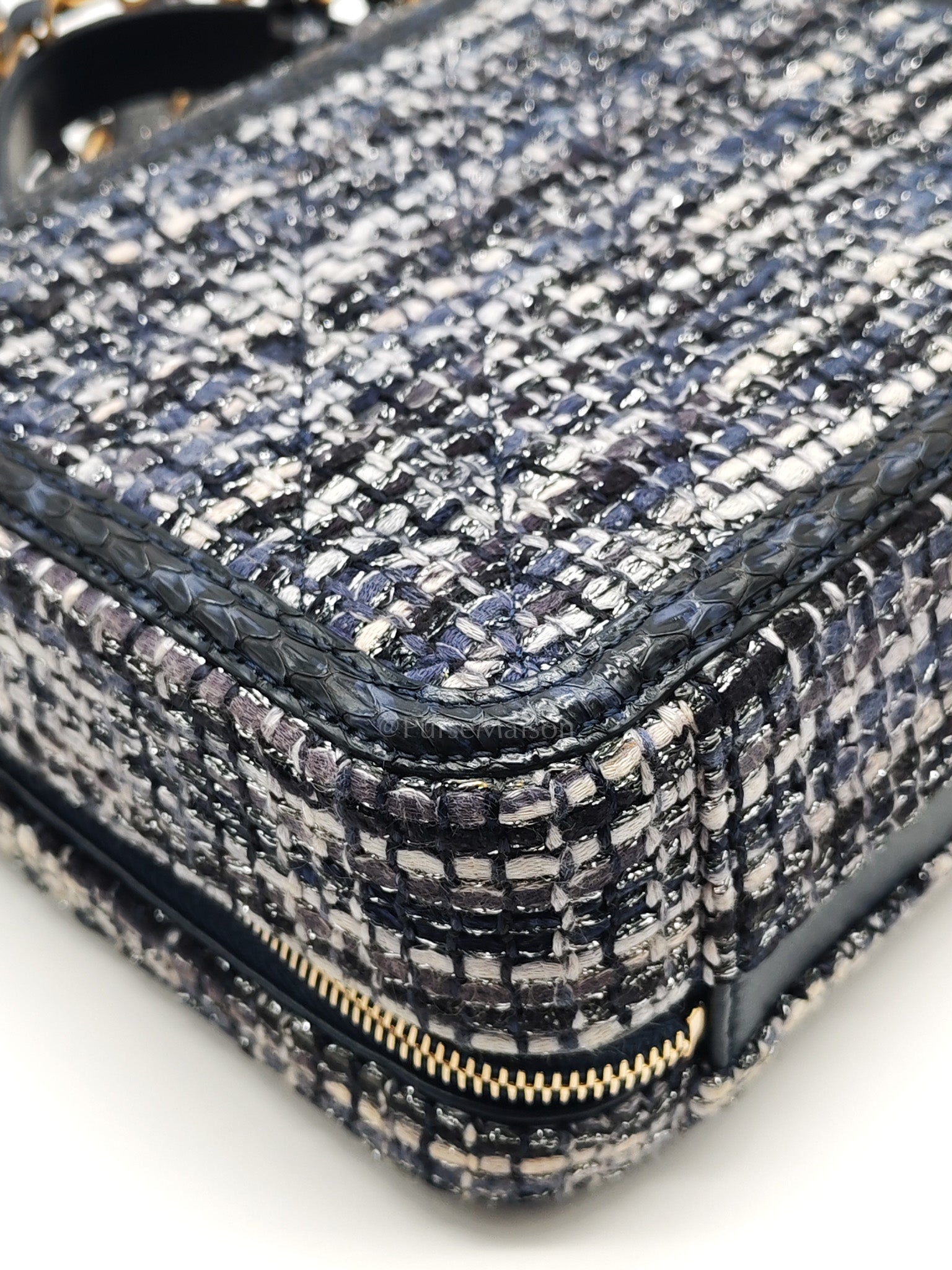 Vanity Case Filigree Medium in Navy Tweed Python Aged Gold Hardware (Series 25) | Purse Maison Luxury Bags Shop