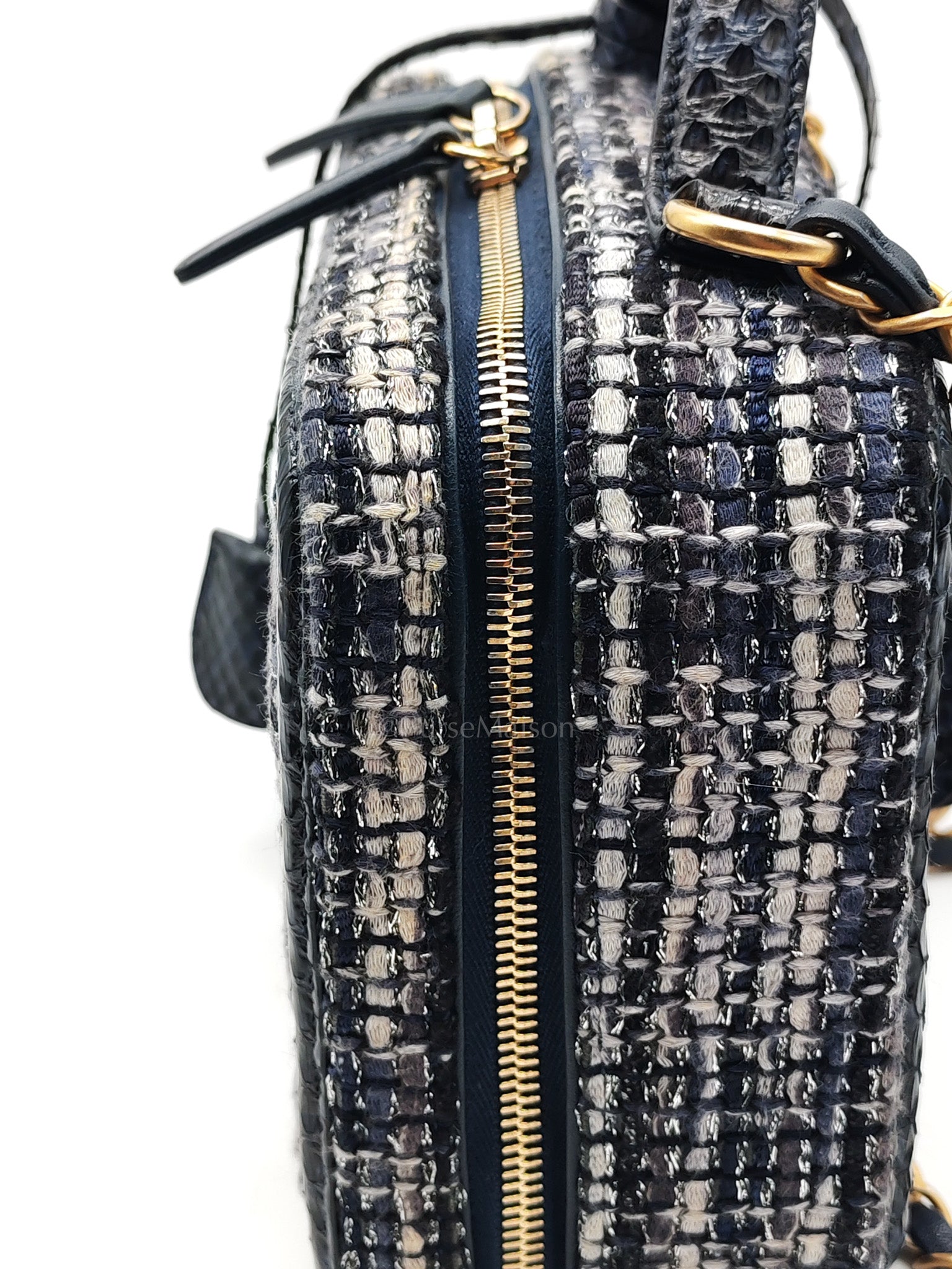 Vanity Case Filigree Medium in Navy Tweed Python Aged Gold Hardware (Series 25) | Purse Maison Luxury Bags Shop