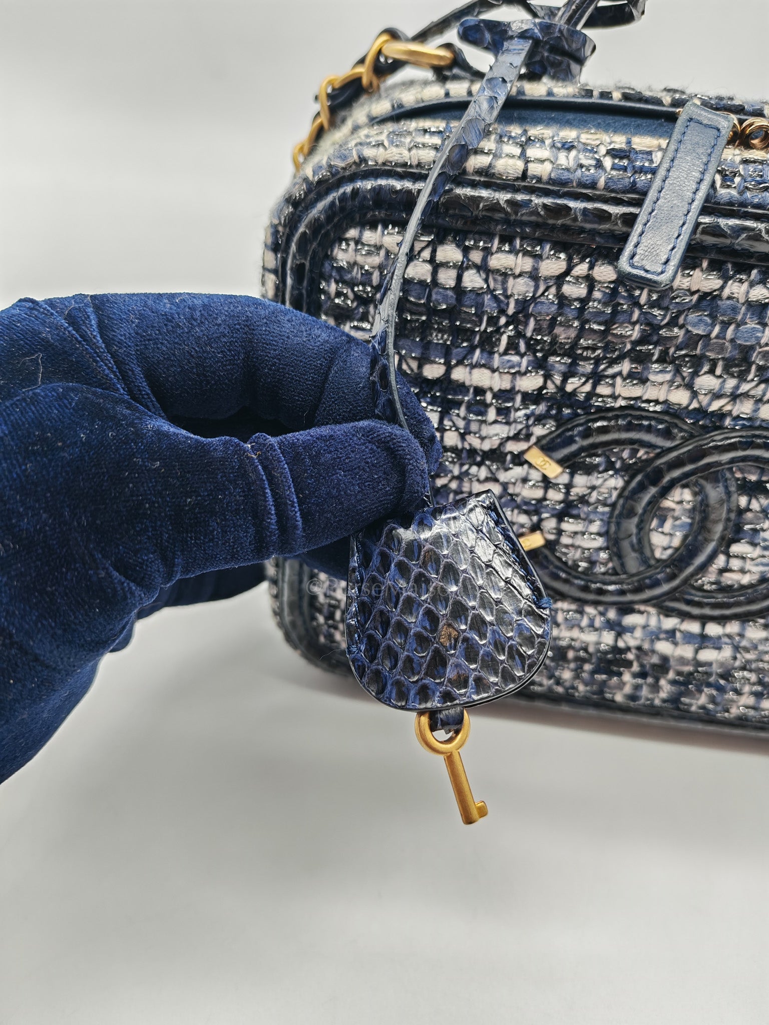 Vanity Case Filigree Medium in Navy Tweed Python Aged Gold Hardware (Series 25) | Purse Maison Luxury Bags Shop