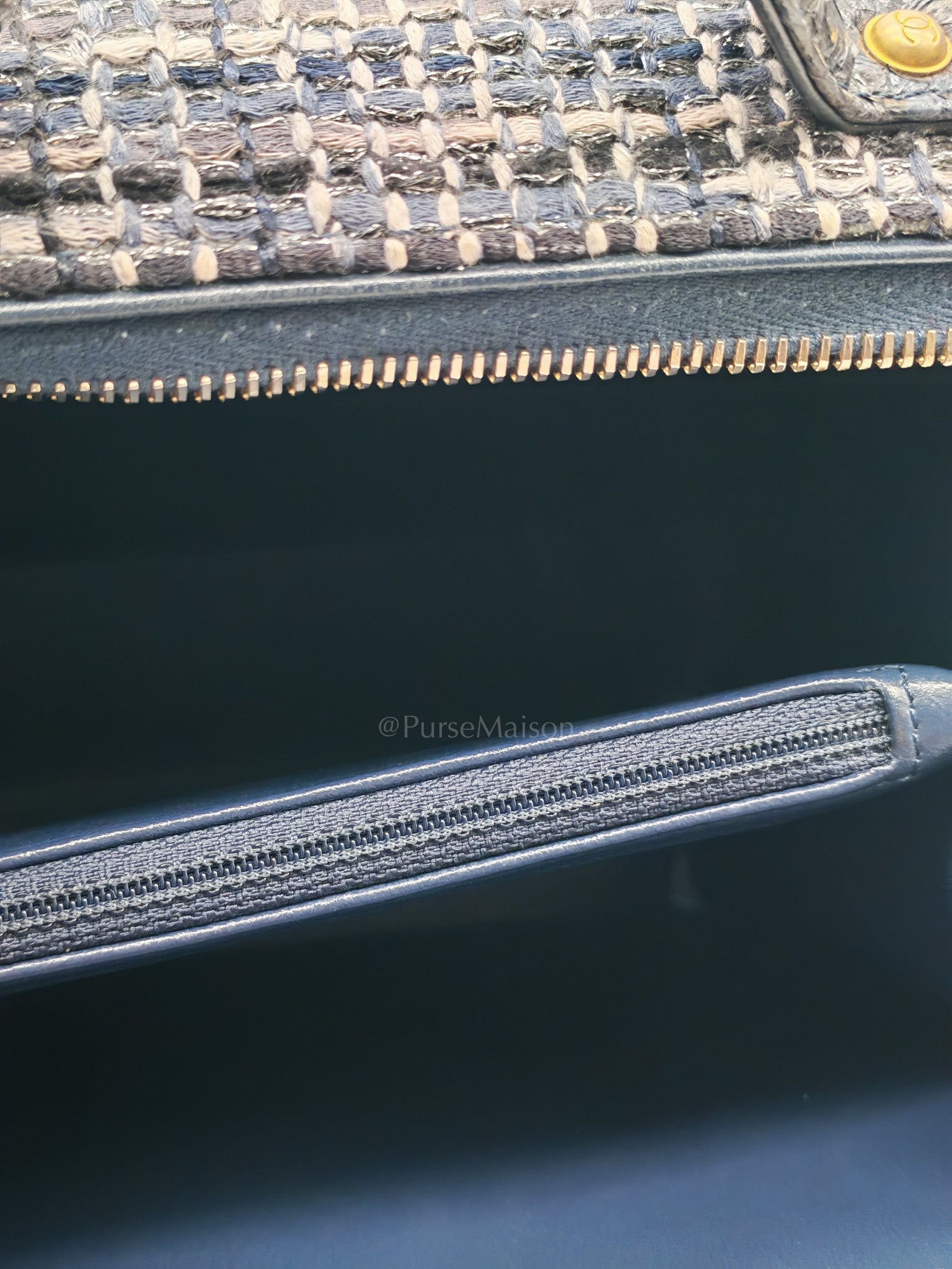 Vanity Case Filigree Medium in Navy Tweed Python Aged Gold Hardware (Series 25) | Purse Maison Luxury Bags Shop