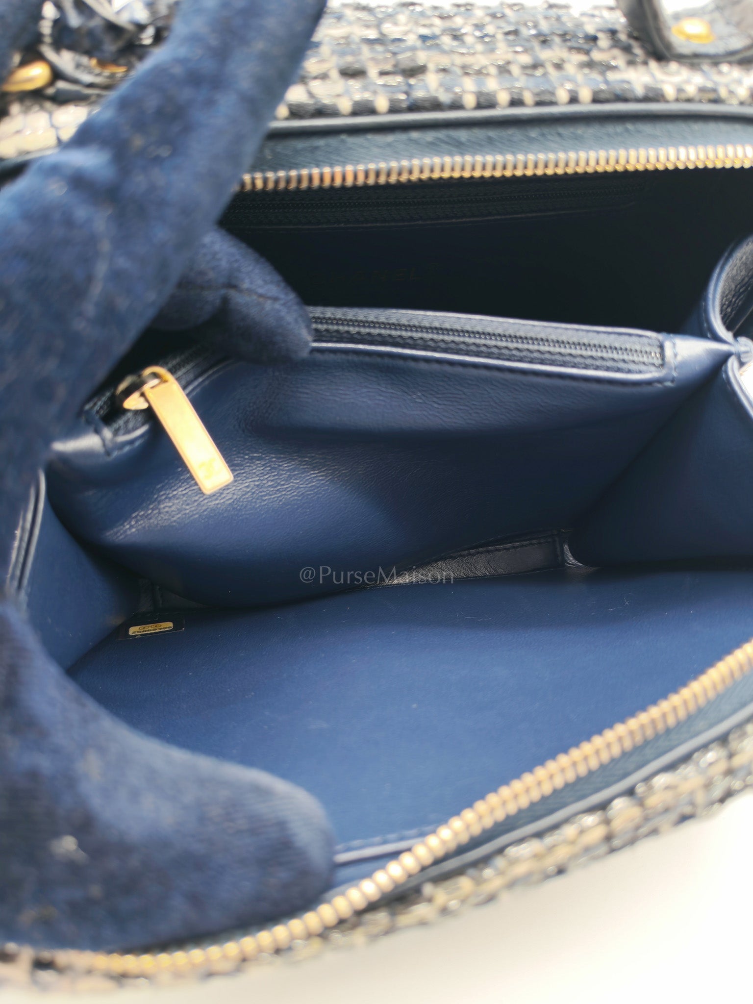 Vanity Case Filigree Medium in Navy Tweed Python Aged Gold Hardware (Series 25) | Purse Maison Luxury Bags Shop