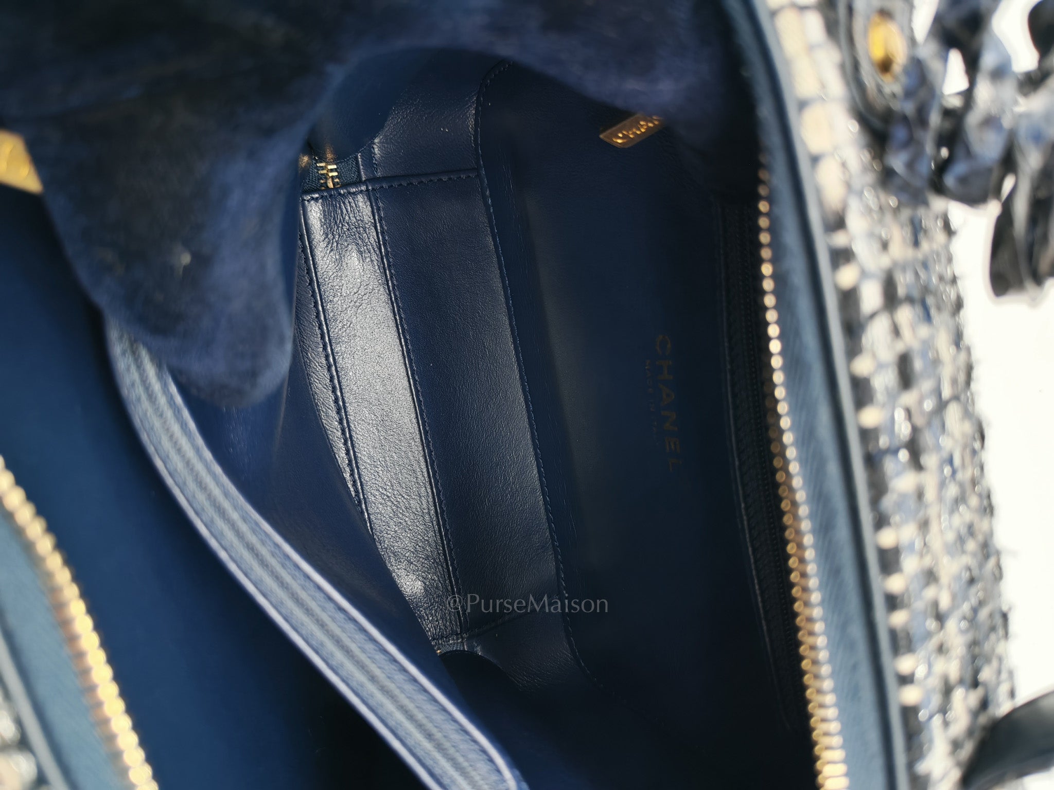 Vanity Case Filigree Medium in Navy Tweed Python Aged Gold Hardware (Series 25) | Purse Maison Luxury Bags Shop