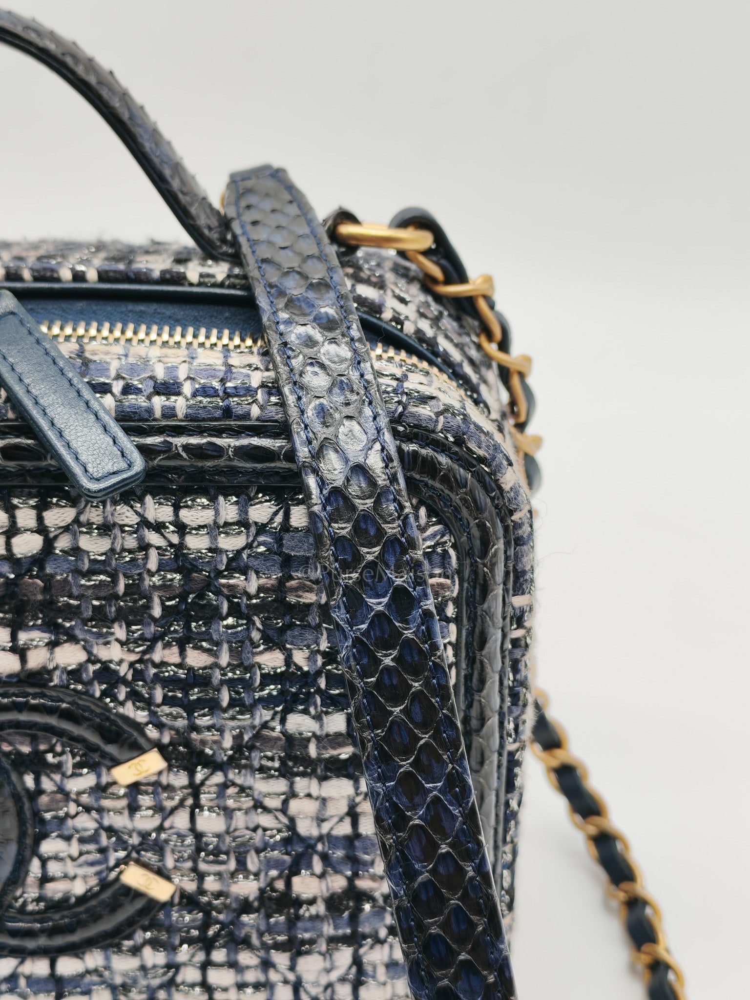 Vanity Case Filigree Medium in Navy Tweed Python Aged Gold Hardware (Series 25) | Purse Maison Luxury Bags Shop