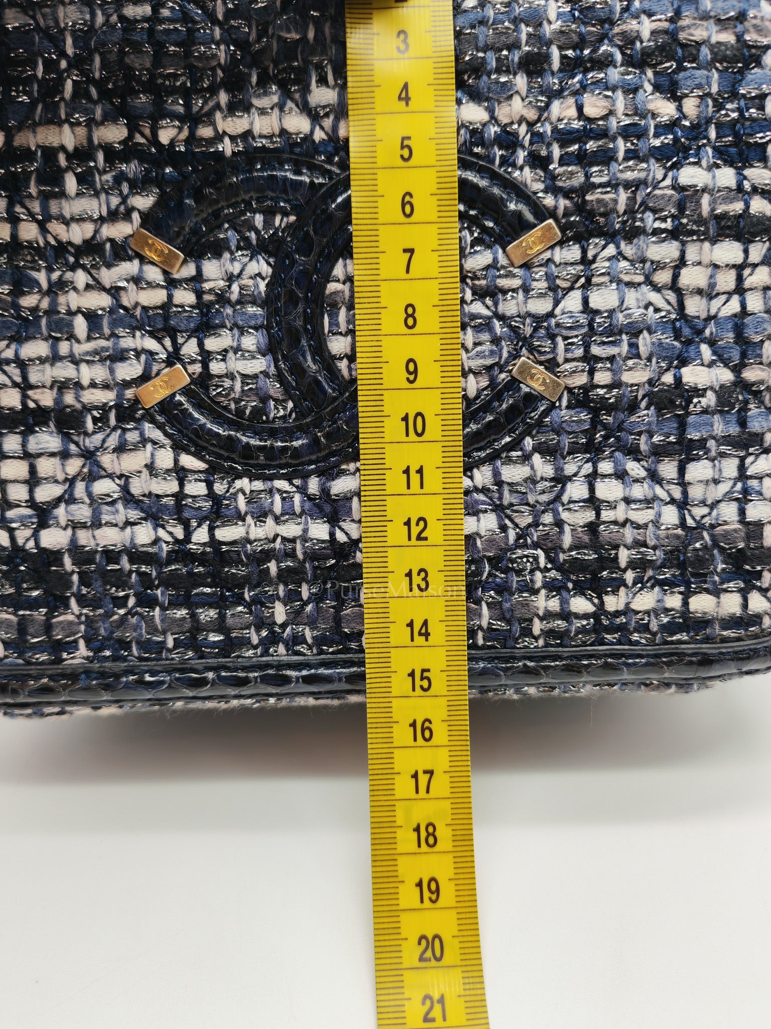 Vanity Case Filigree Medium in Navy Tweed Python Aged Gold Hardware (Series 25) | Purse Maison Luxury Bags Shop