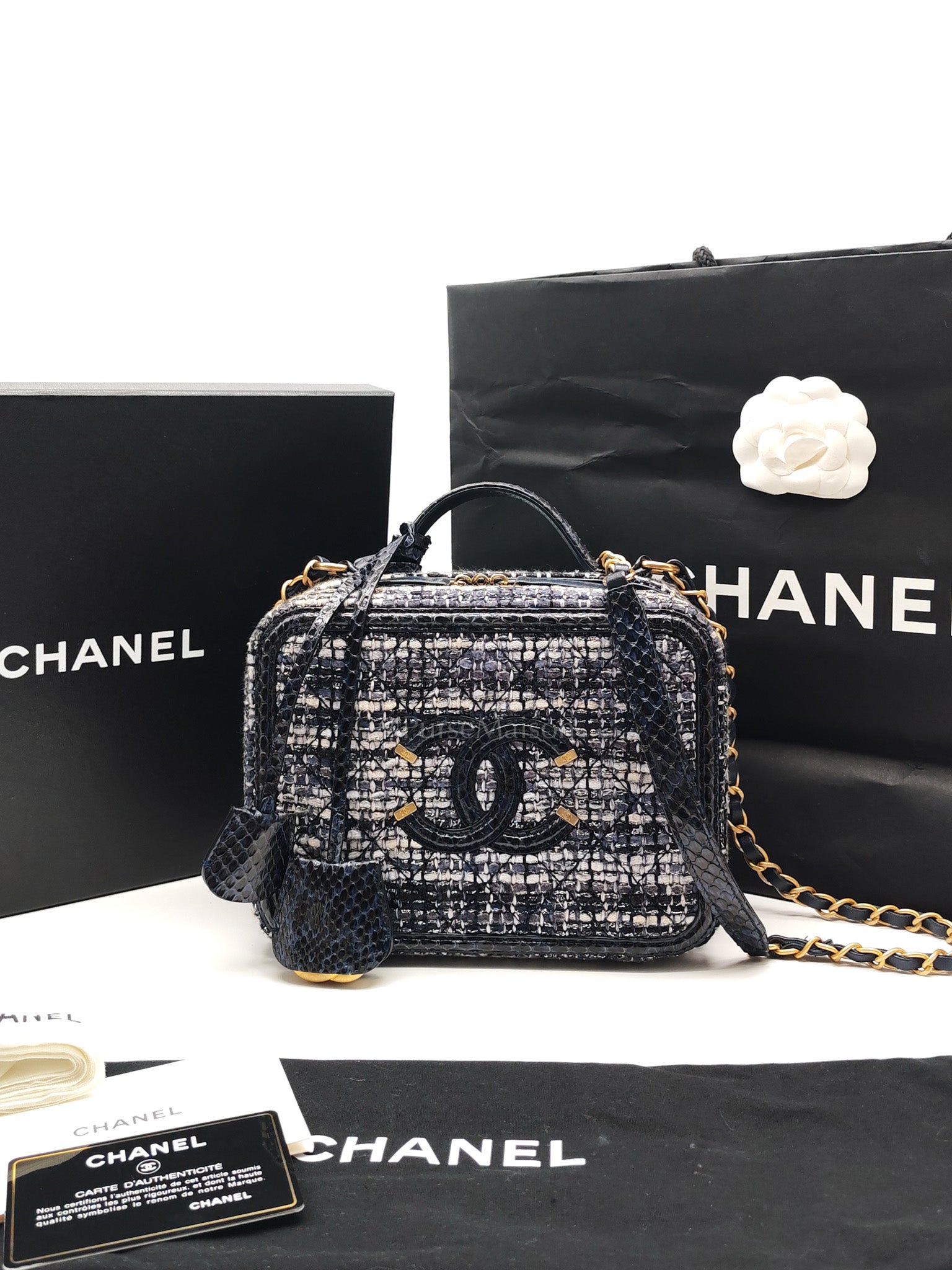 Vanity Case Filigree Medium in Navy Tweed Python Aged Gold Hardware (Series 25) | Purse Maison Luxury Bags Shop