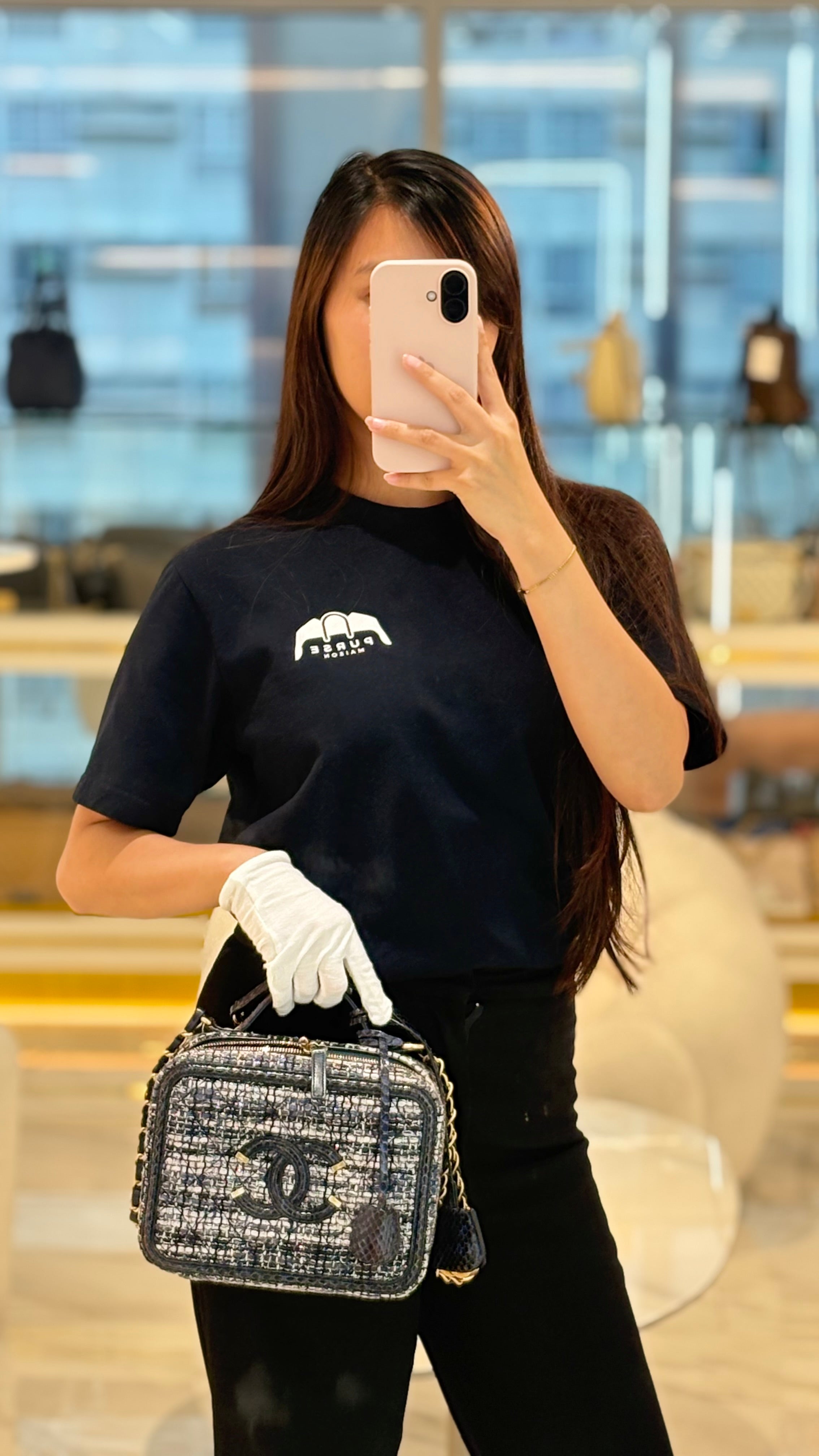 Vanity Case Filigree Medium in Navy Tweed Python Aged Gold Hardware (Series 25) | Purse Maison Luxury Bags Shop