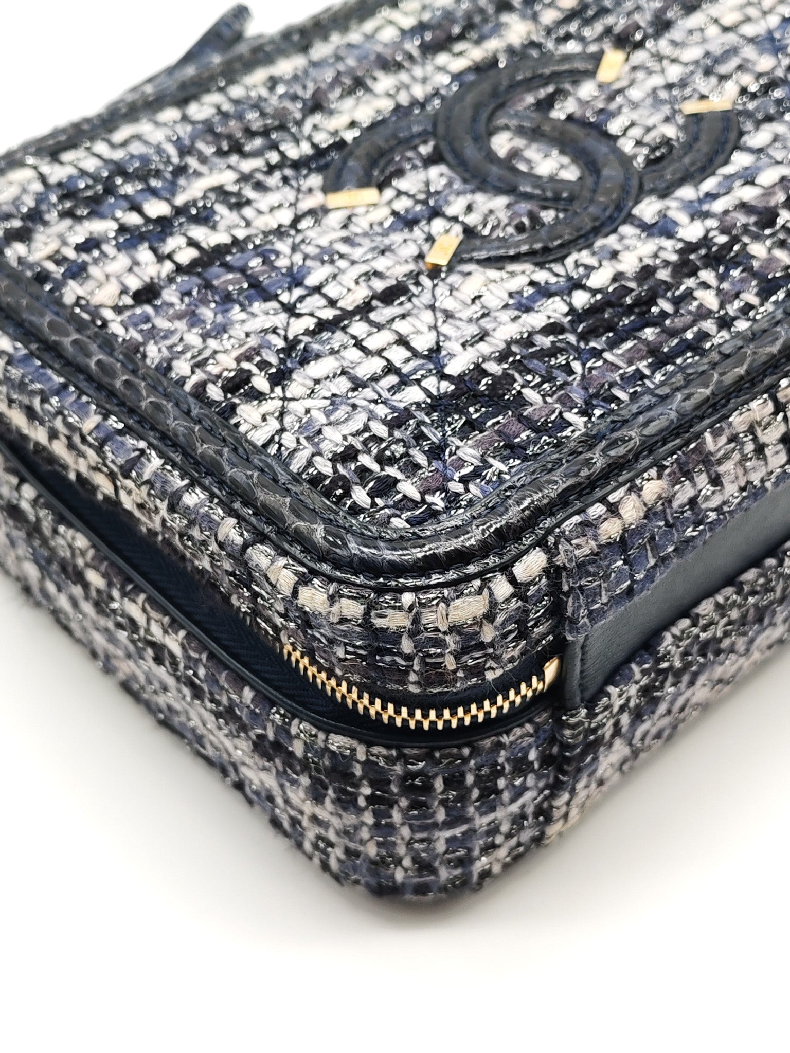 Vanity Case Filigree Medium in Navy Tweed Python Aged Gold Hardware (Series 25) | Purse Maison Luxury Bags Shop