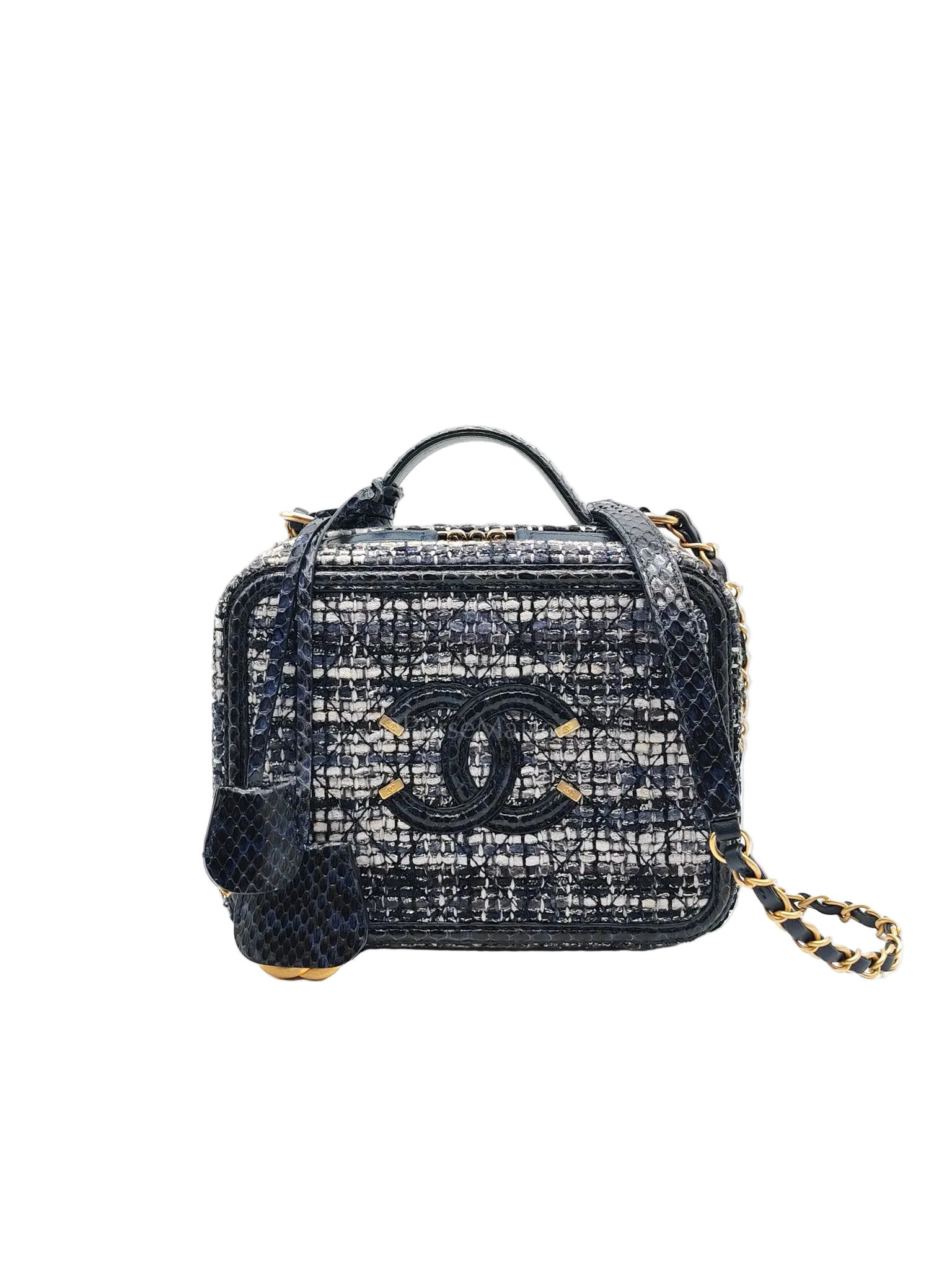 Vanity Case Filigree Medium in Navy Tweed Python Aged Gold Hardware (Series 25) | Purse Maison Luxury Bags Shop