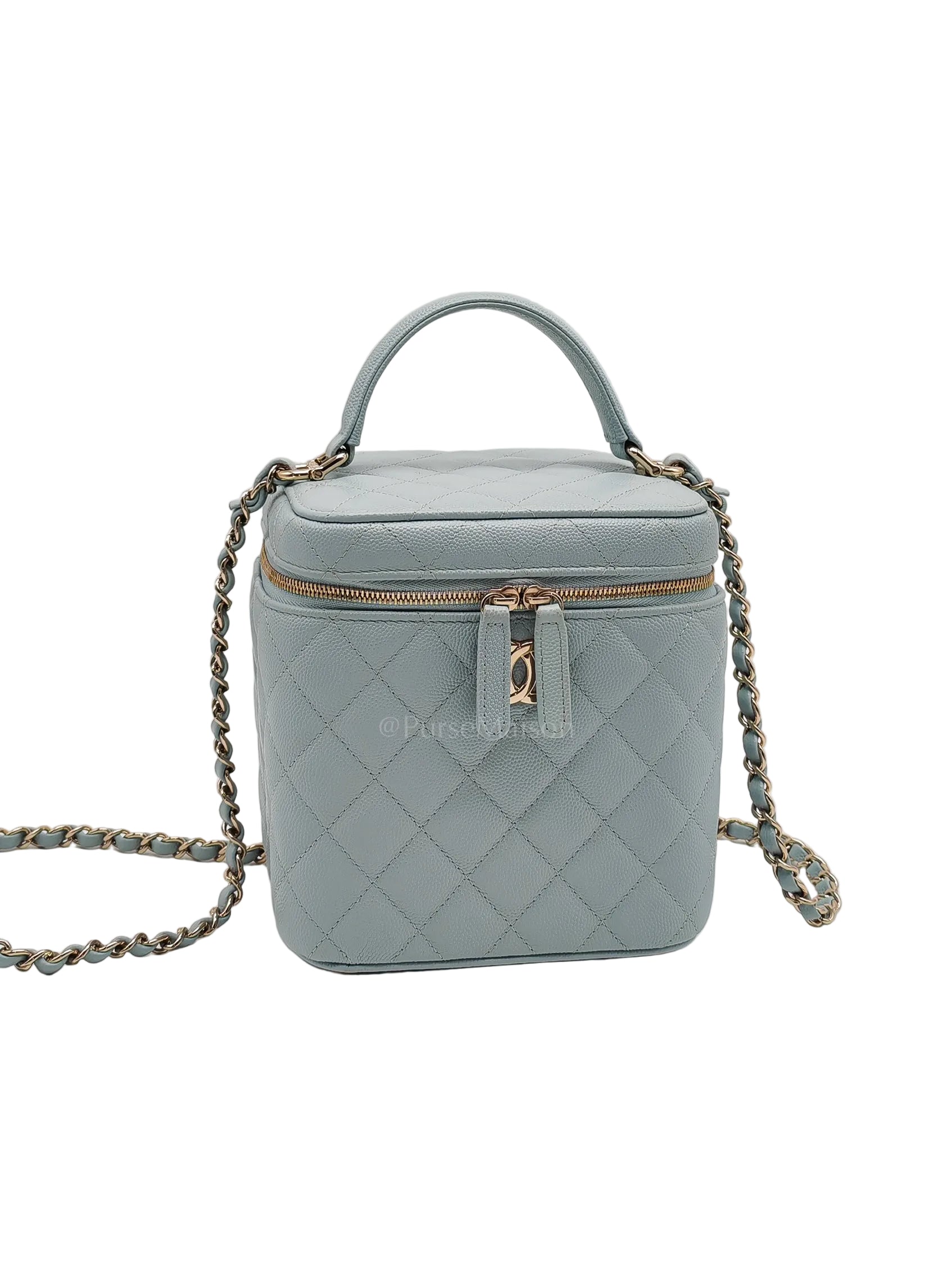 Vanity Case Small in Light Blue Quilted Caviar Leather & Light Gold Hardware Microchip | Purse Maison Luxury Bags Shop