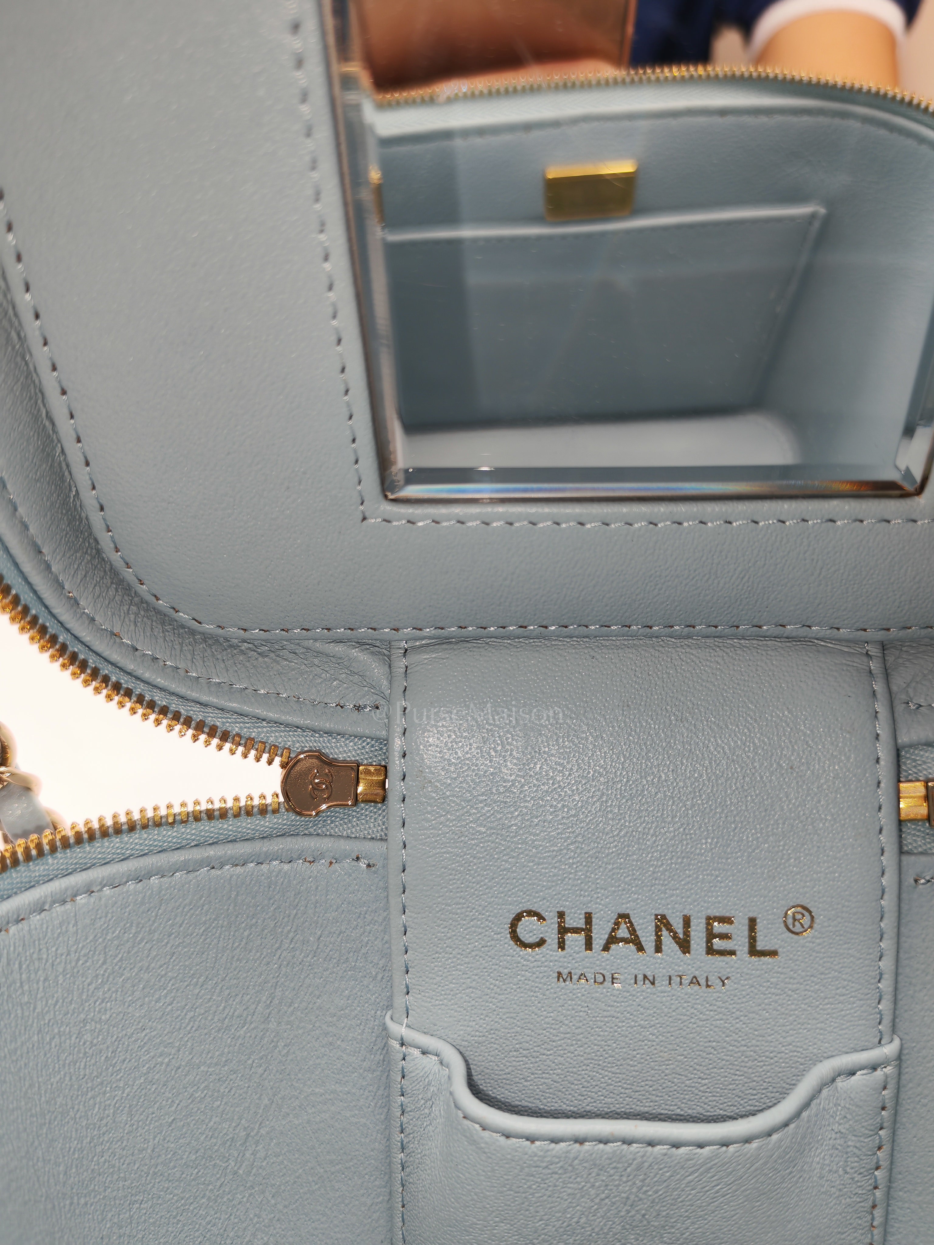 Vanity Case Small in Light Blue Quilted Caviar Leather & Light Gold Hardware Microchip | Purse Maison Luxury Bags Shop