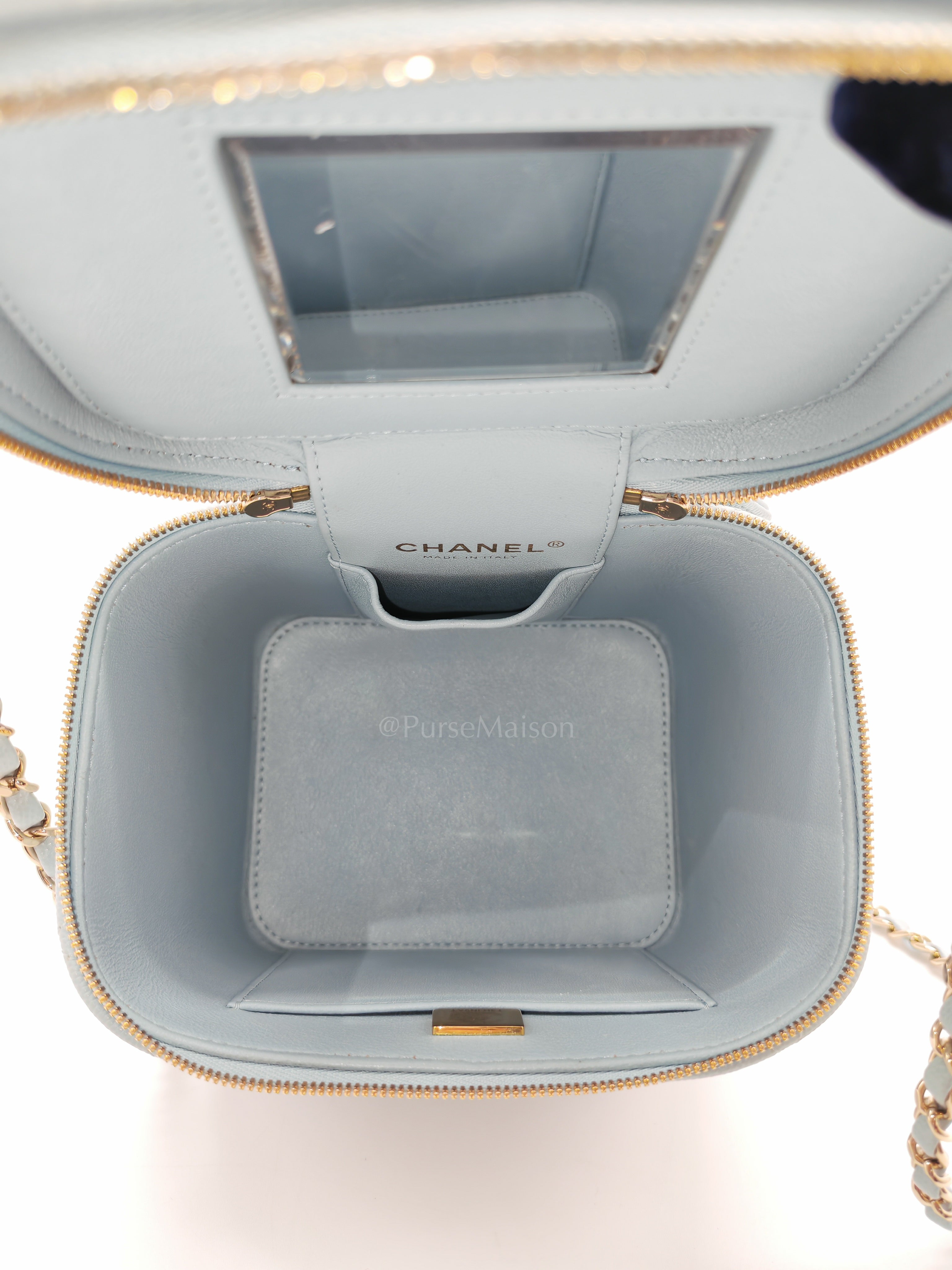 Vanity Case Small in Light Blue Quilted Caviar Leather & Light Gold Hardware Microchip | Purse Maison Luxury Bags Shop