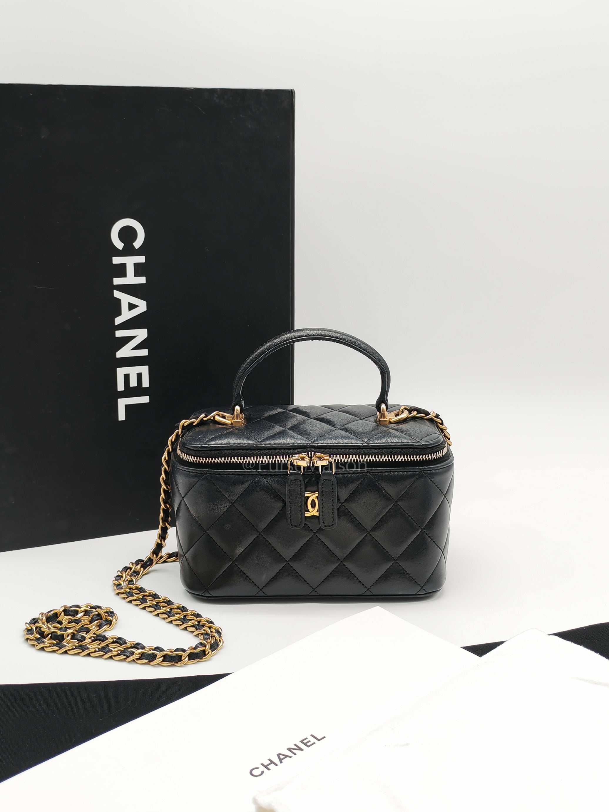 Vanity Case Top Handle Small in Black Quilted Lambskin Leather & Gold Hardware Series 31 | Purse Maison Luxury Bags Shop