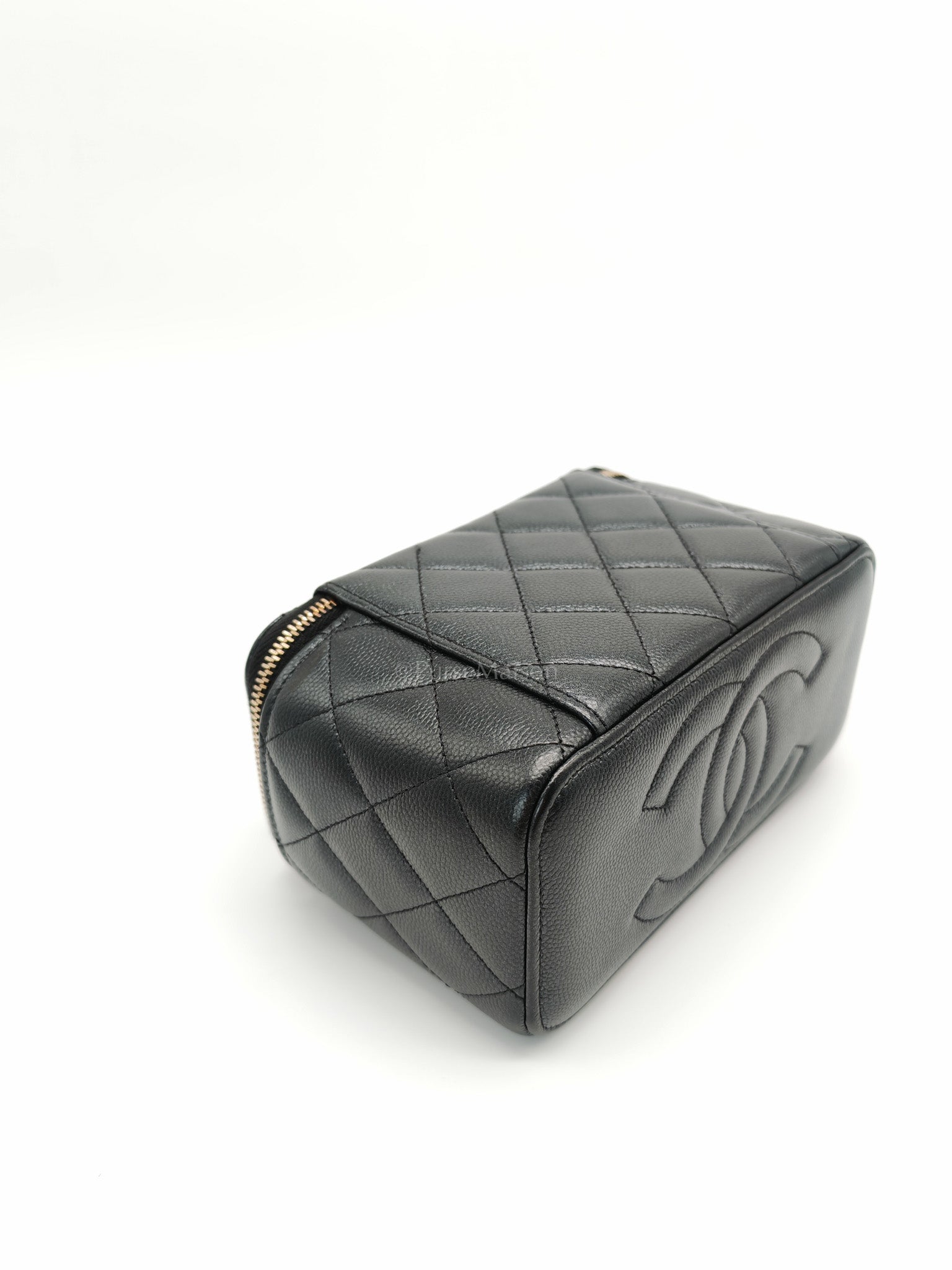 Vanity in Black Iridescent Caviar Leather and Aged Gold Hardware with Adjustable Chain Strap (Microchip) | Purse Maison Luxury Bags Shop