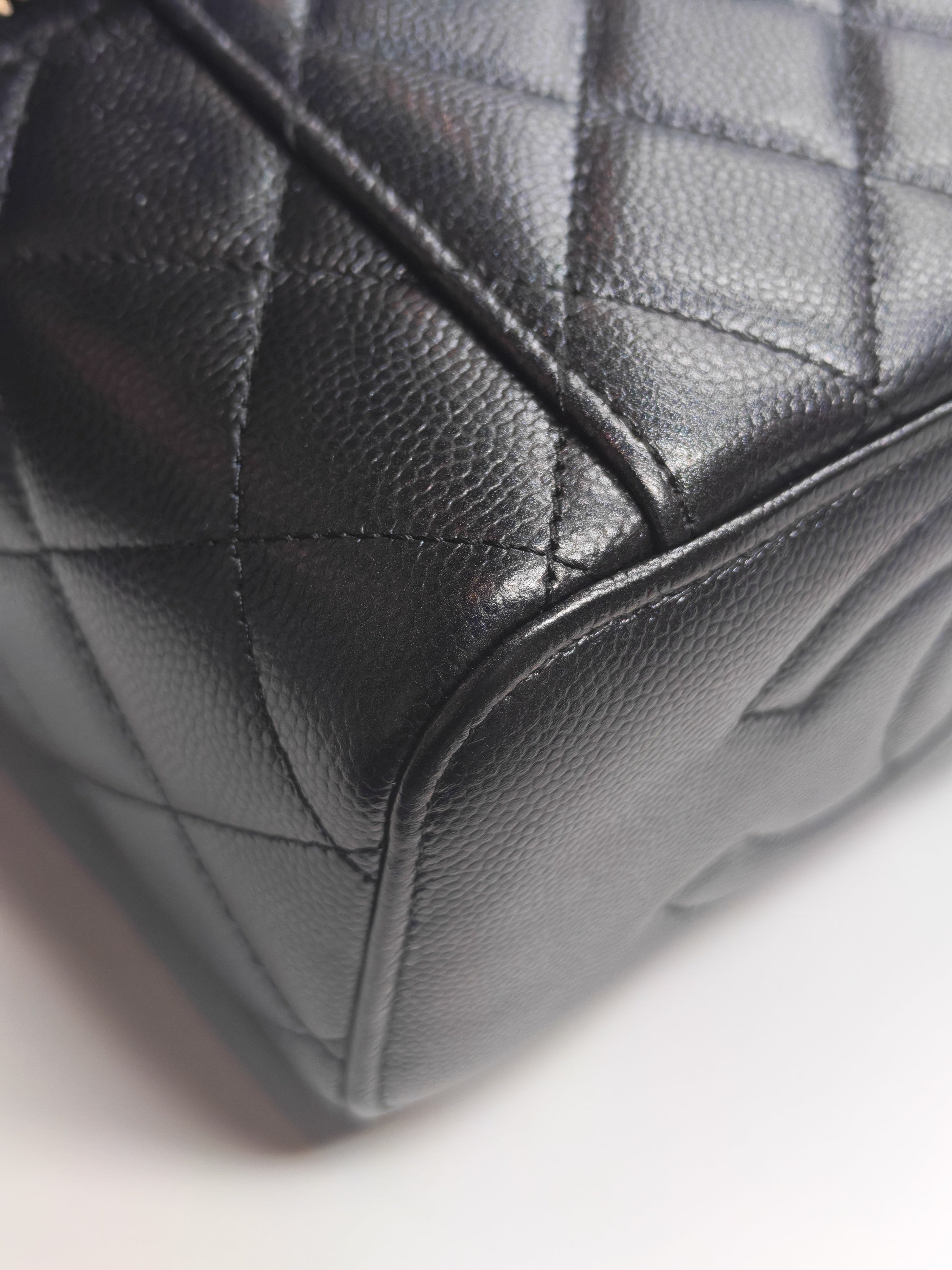 Vanity in Black Iridescent Caviar Leather and Aged Gold Hardware with Adjustable Chain Strap (Microchip) | Purse Maison Luxury Bags Shop