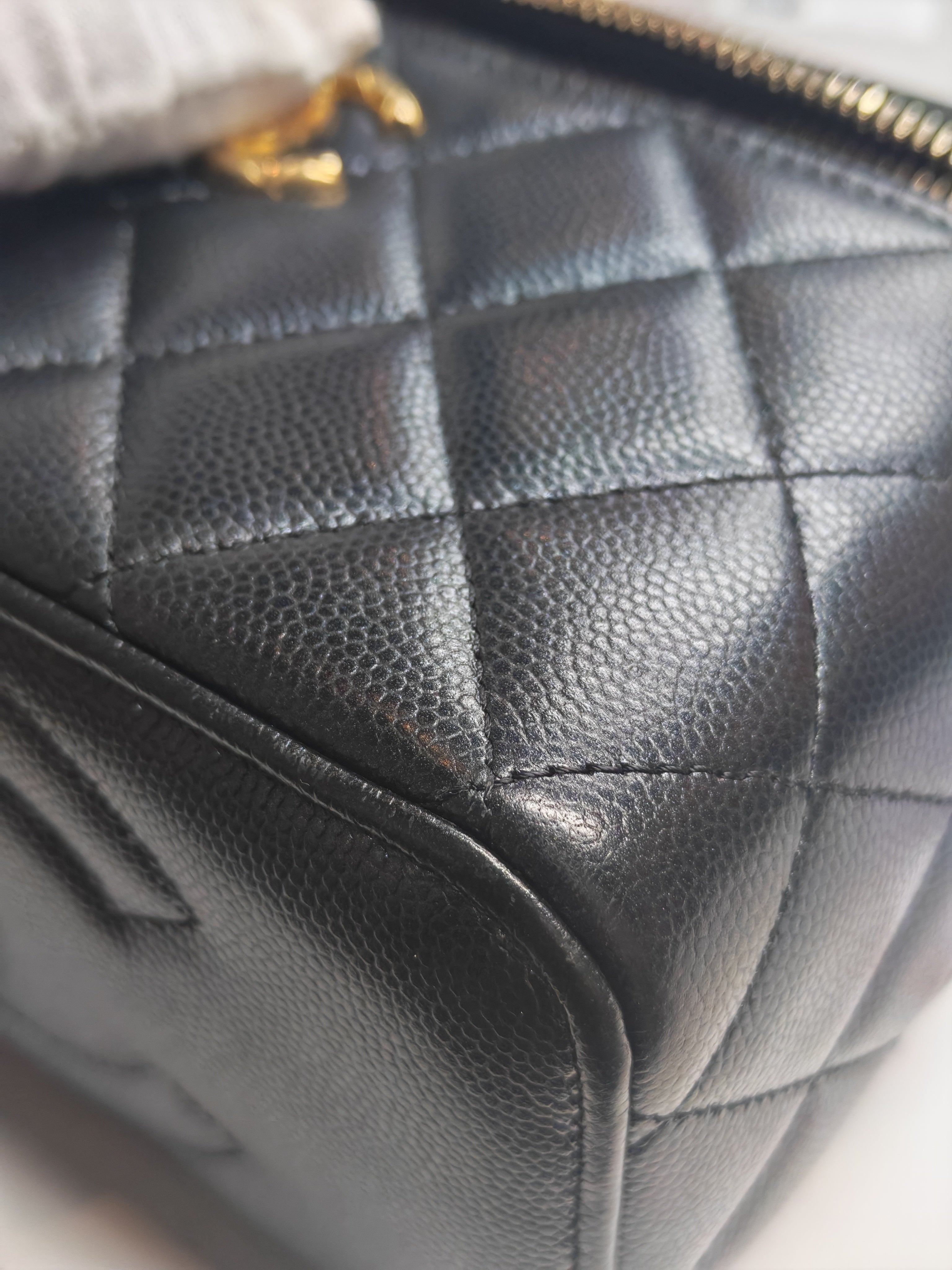 Vanity in Black Iridescent Caviar Leather and Aged Gold Hardware with Adjustable Chain Strap (Microchip) | Purse Maison Luxury Bags Shop