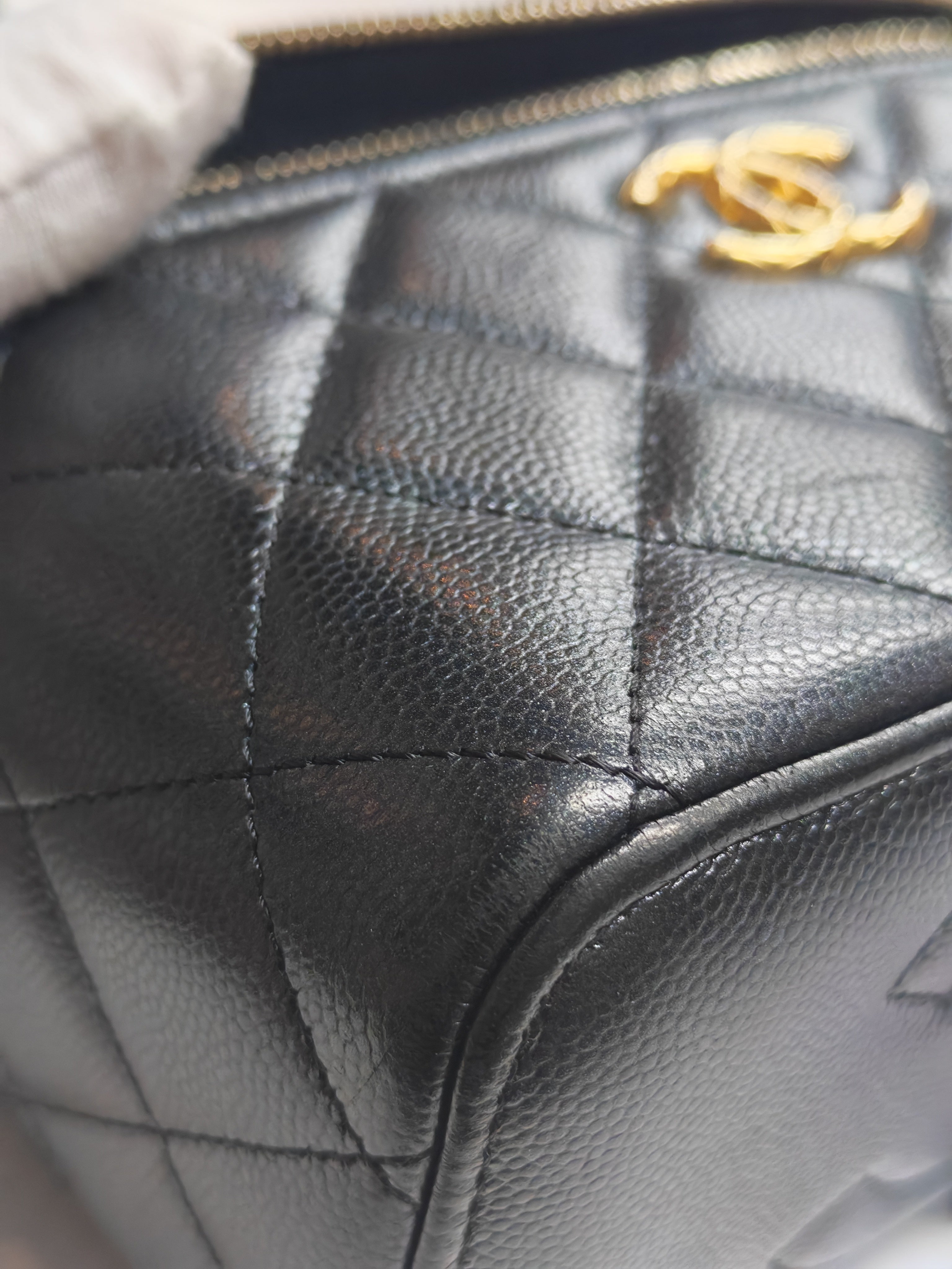Vanity in Black Iridescent Caviar Leather and Aged Gold Hardware with Adjustable Chain Strap (Microchip) | Purse Maison Luxury Bags Shop