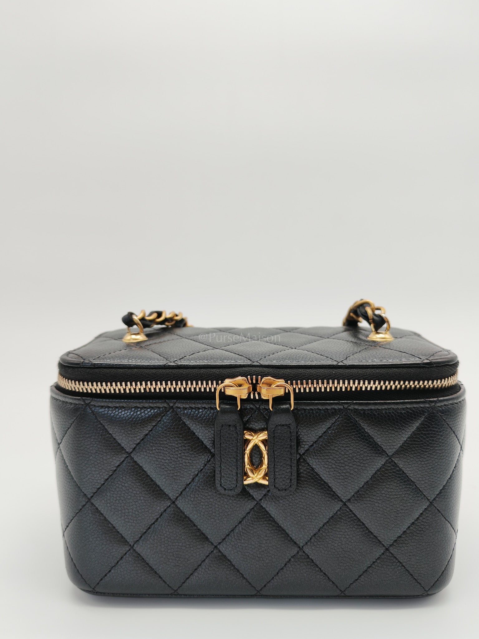 Vanity in Black Iridescent Caviar Leather and Aged Gold Hardware with Adjustable Chain Strap (Microchip) | Purse Maison Luxury Bags Shop